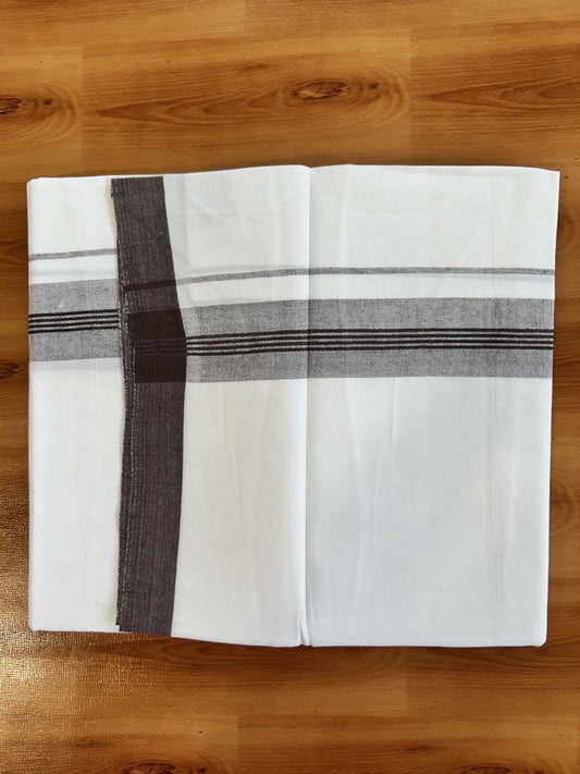 Single Pure White Mundu/Dhoti - KaithariKada Balaramapuram Pure Cotton - 70x30 - 1.25 Inch Brown Shaded Striped Kara 1.90 mtr (4 muzham) - 29 KK5418 PMC