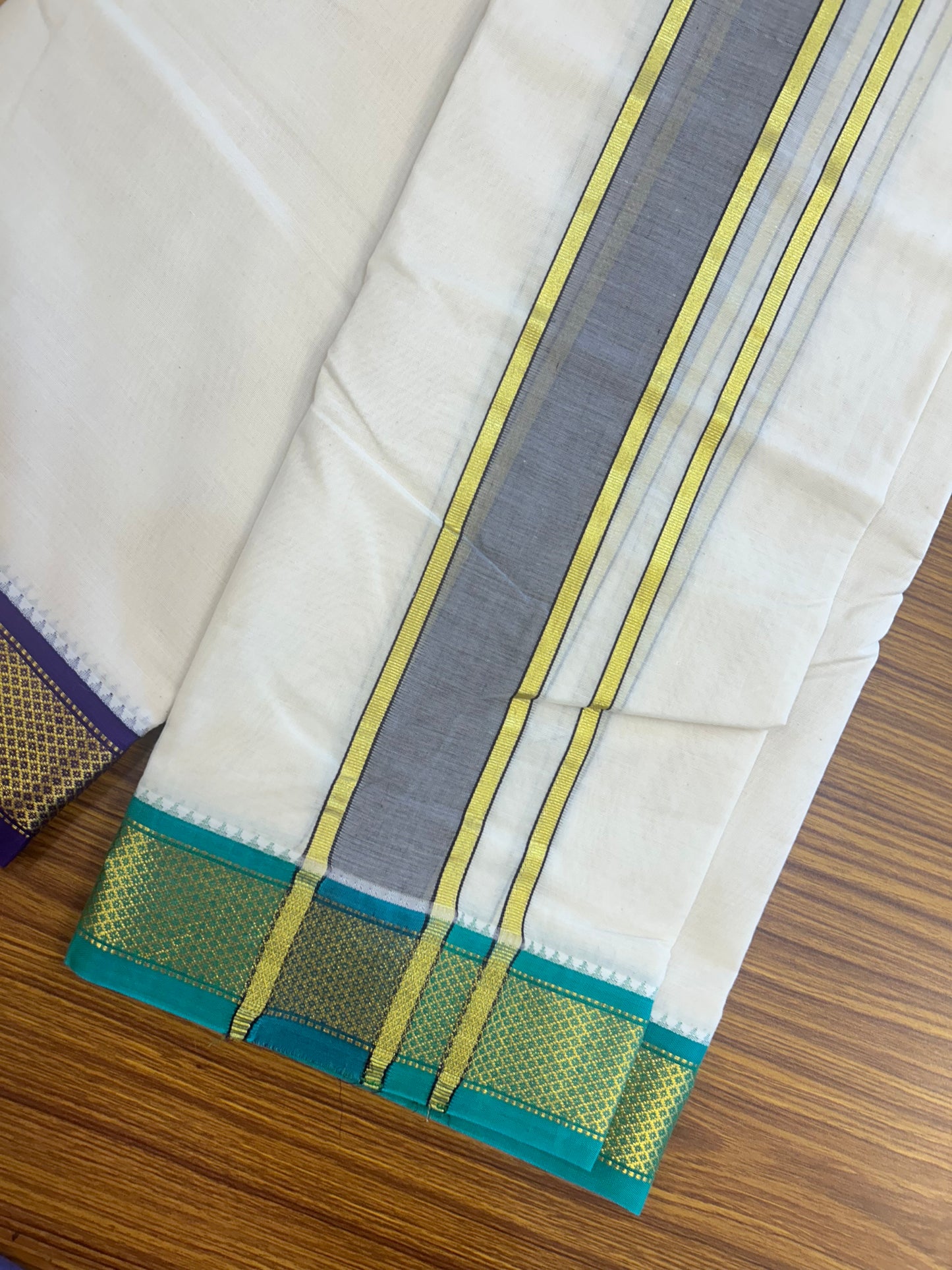 20% DISCOUNT! KaithariKada 100% Cotton OFF WHITE - (Unbleached) 100x80 thread - NORTH INDIAN- ATTACHED GAMCHA 9x5 Dhoti - 2.25 inch Brown kara with Dark Violet & Jade Green Kasavu border - 107KK5227 PMC