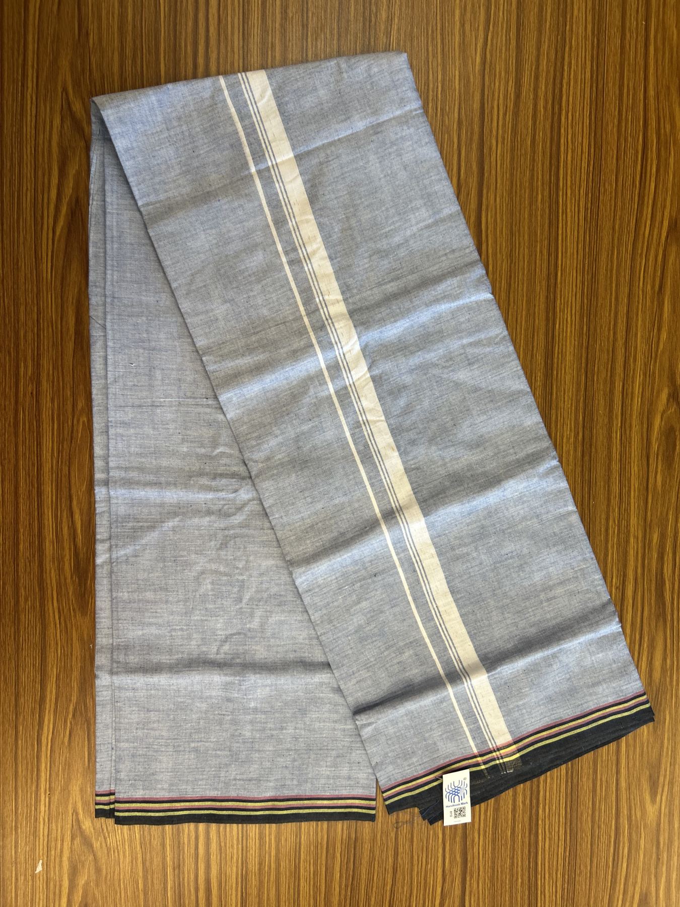 Kerala Handloom - Signature Kaitharikada - Government Sealed Hallmarked - 100% Pure Cotton 2/60x40s Thread - Single Mundu / Dhoti - 1 inch White Striped Kara with Blue colour Body - 10 KK8046 KAL