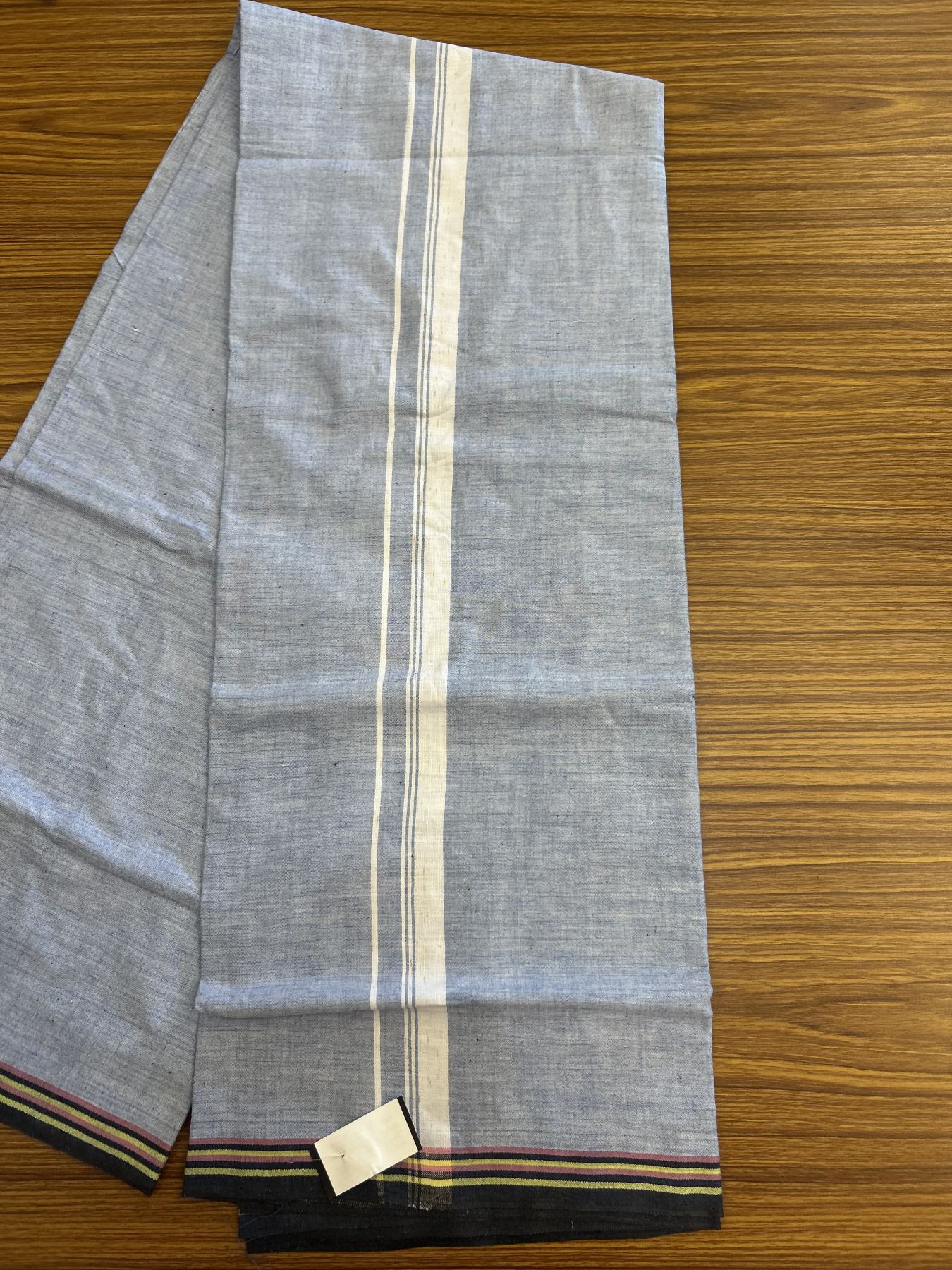 Kerala Handloom - Signature Kaitharikada - Government Sealed Hallmarked - 100% Pure Cotton 2/60x40s Thread - Single Mundu / Dhoti - 1 inch White Striped Kara with Blue colour Body - 10 KK8046 KAL