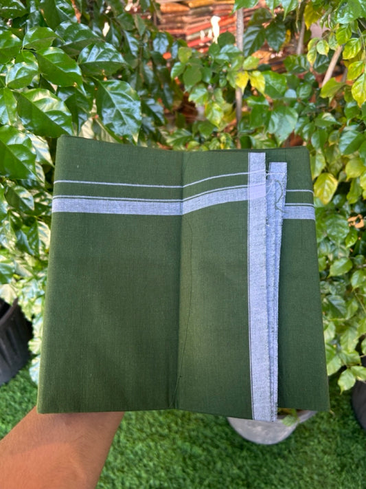 10% Discount ! Kaitharikada Pure Cotton - Kaily / Lungi - (40s) - 0.5 inch White Shaded Kara with Dark Green colour body (2 meter / 4 muzham) - 6 KK8029 GAN