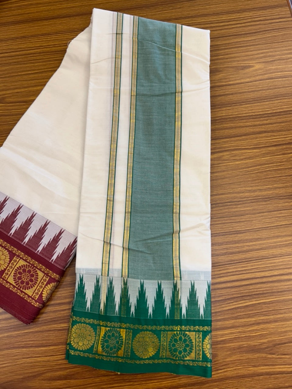 20% Discount! KaithariKada Cotton Mix Off White - (Unbleached) 80X90 thread - North Indian - Attached Gamcha - 10X6 Dhoti 3.75 inch Green Gold Kasav kara with Red & Green Gold Kasav Design border - 3 KK8304 PMC