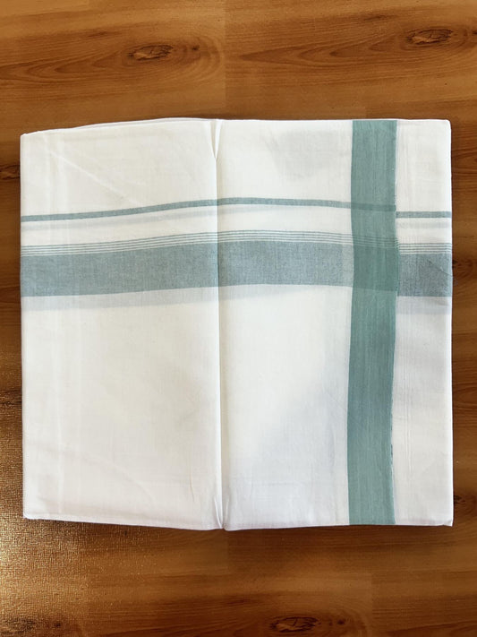 Single Pure White Mundu/Dhoti - KaithariKada Balaramapuram Pure Cotton - 70x30 - 1.25 Inch Teal Green Shaded Striped Kara 1.90 mtr (4 muzham) - 30 KK5418 PMC