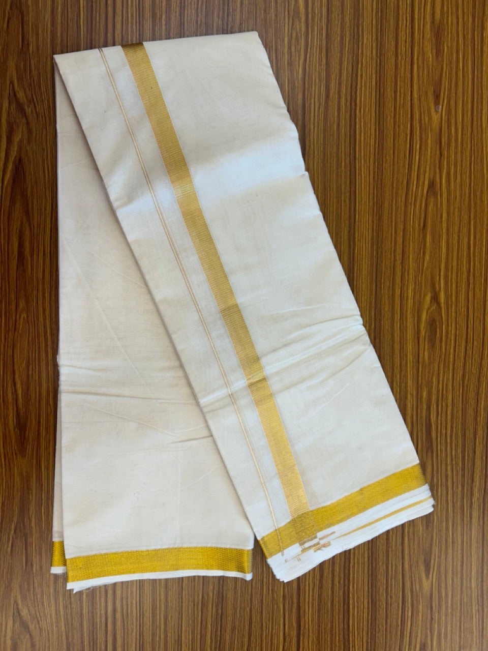 20% Discount! Kaitharikada Balaramapuram Pure Cotton Off White - (Unbleached) - 100x100 thread - North Iindian- Attached Gamcha - 10X6 Dhoti - 1 inch Gold Kasav border - 30 KK8304 PMC