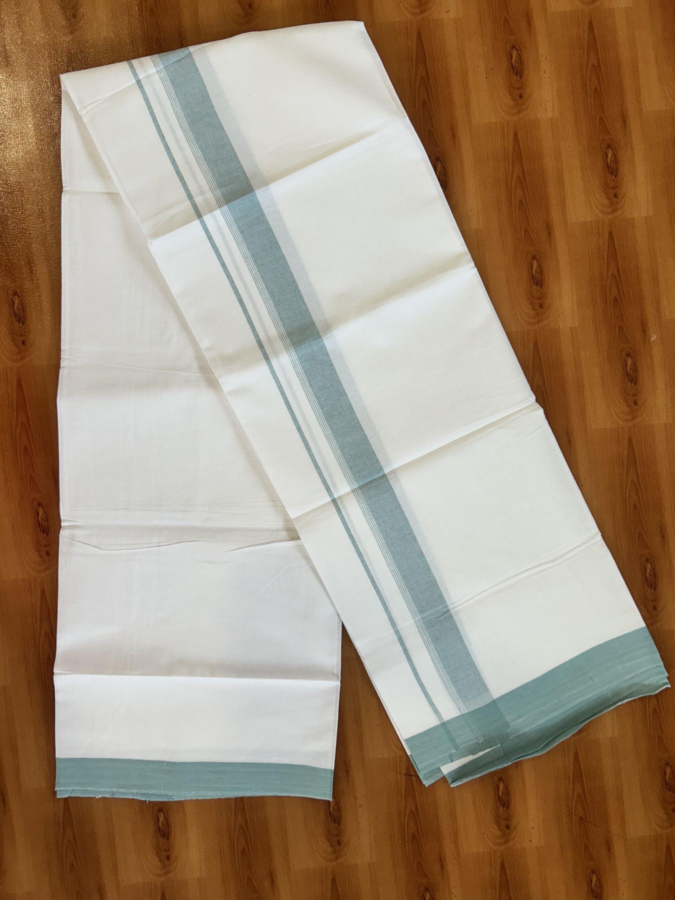 Single Pure White Mundu/Dhoti - KaithariKada Balaramapuram Pure Cotton - 70x30 - 1.25 Inch Teal Green Shaded Striped Kara 1.90 mtr (4 muzham) - 30 KK5418 PMC