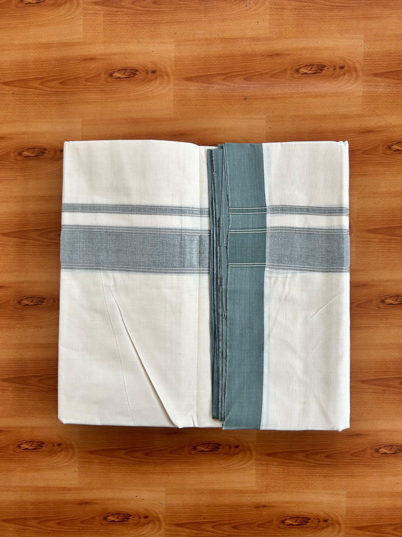 Double Off White (Unbleached) Mundu/Dhoti - 20% Discount! Kaitharikada Pure Cotton - 80x80 - 1.25 Inch Grey Green & Silver shaded Kara 4 mtr (8.5 muzham) - 20 KK5497 MRH