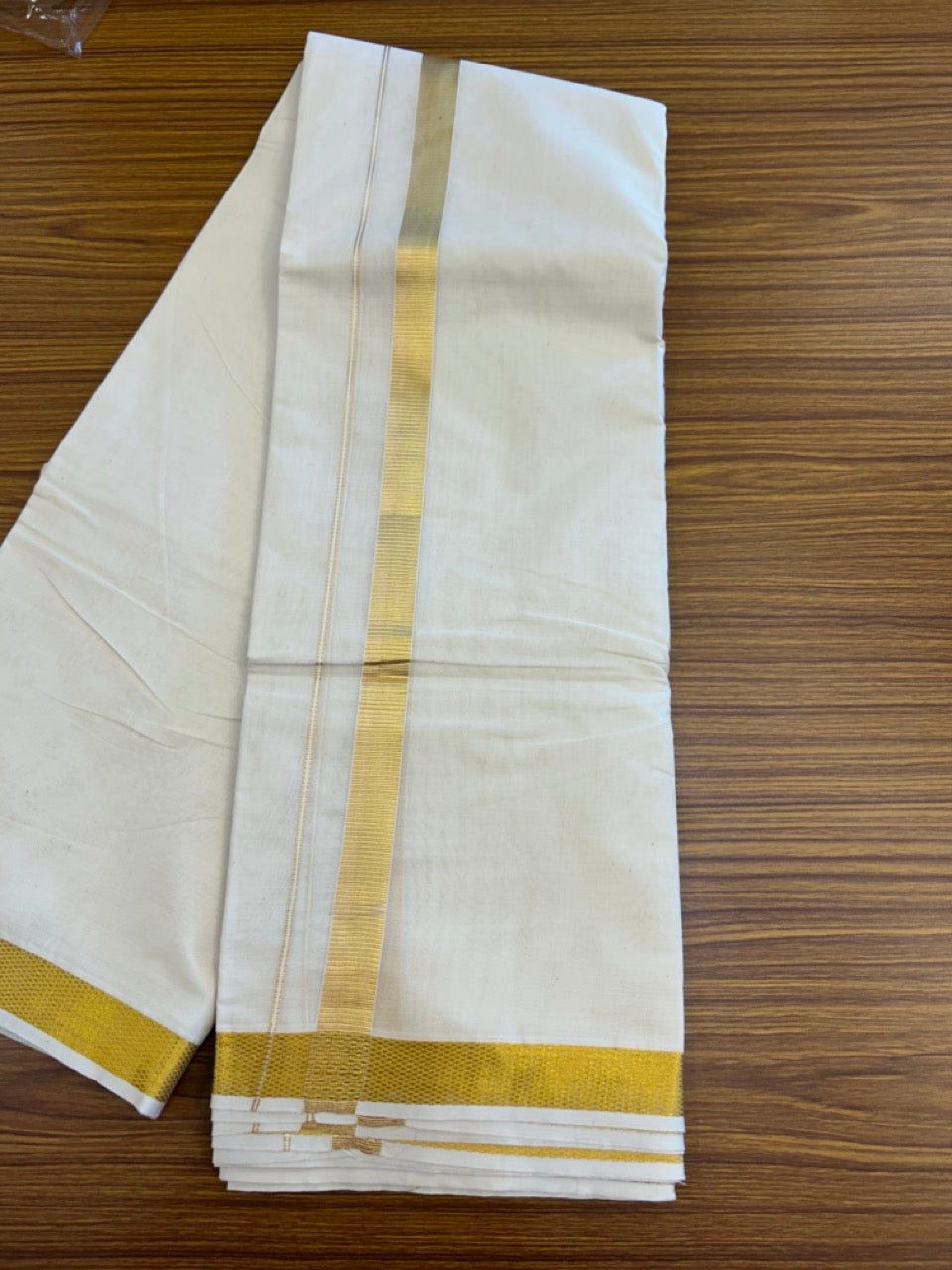 20% Discount! Kaitharikada Balaramapuram Pure Cotton Off White - (Unbleached) - 100x100 thread - North Iindian- Attached Gamcha - 10X6 Dhoti - 1 inch Gold Kasav border - 30 KK8304 PMC