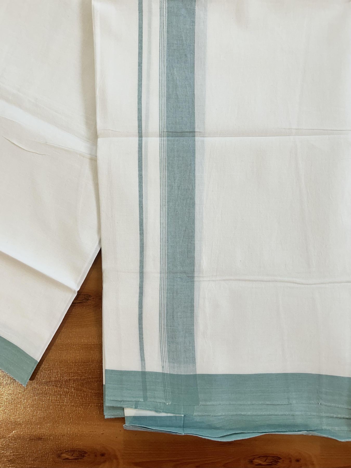 Single Pure White Mundu/Dhoti - KaithariKada Balaramapuram Pure Cotton - 70x30 - 1.25 Inch Teal Green Shaded Striped Kara 1.90 mtr (4 muzham) - 30 KK5418 PMC