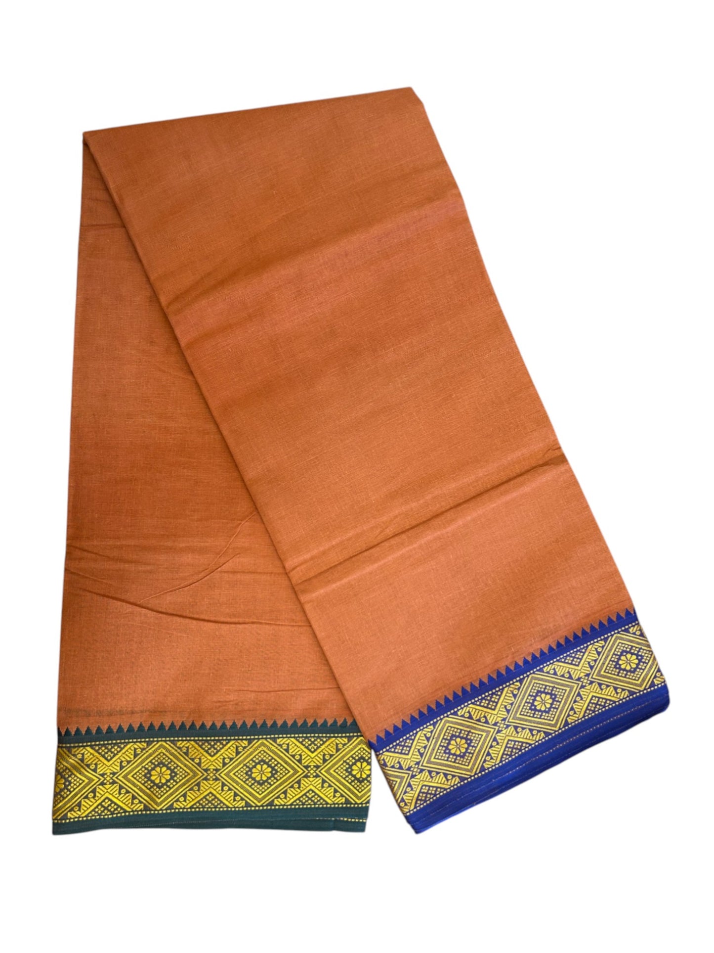 20% DISCOUNT! KaithariKada - Cotton Mix - 80x90 thread - 80 % Cotton & 20% Polyester- NORTH INDIAN - ATTACHED GAMCHA 9X5 Dhoti - 2.75 inch Blue & Yellow Kara with Kavi Colour body - Gold Kasavu Green & Blue Design Border - 109KK5227 PMC