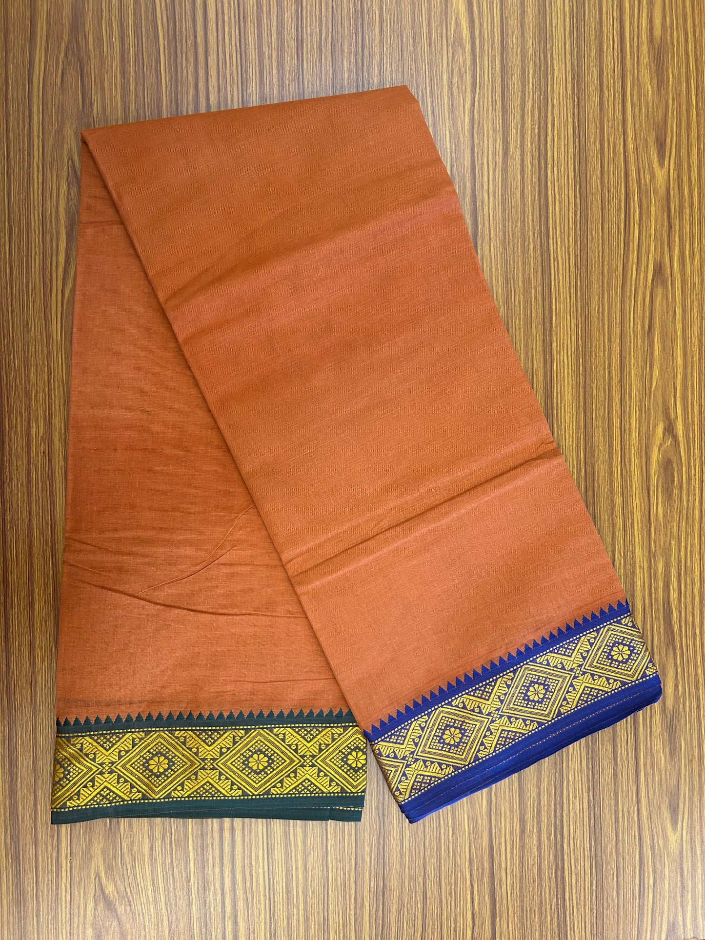 20% DISCOUNT! KaithariKada - Cotton Mix - 80x90 thread - 80 % Cotton & 20% Polyester- NORTH INDIAN - ATTACHED GAMCHA 9X5 Dhoti - 2.75 inch Blue & Yellow Kara with Kavi Colour body - Gold Kasavu Green & Blue Design Border - 109KK5227 PMC
