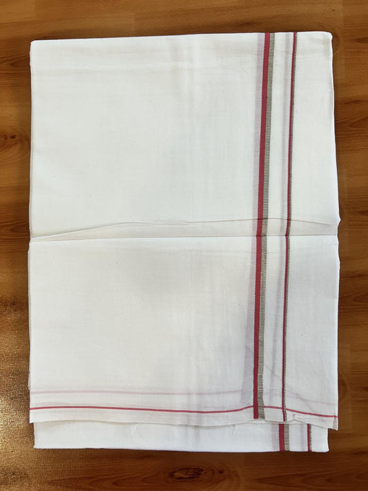 Single Pure White Mundu/Dhoti -KaithariKada Balaramapuram Pure Cotton - 70x30 - 0.3 cm Silver Kasav & Pink Kara 1.90 mtr (4 muzham) - 32 KK5418 PMC