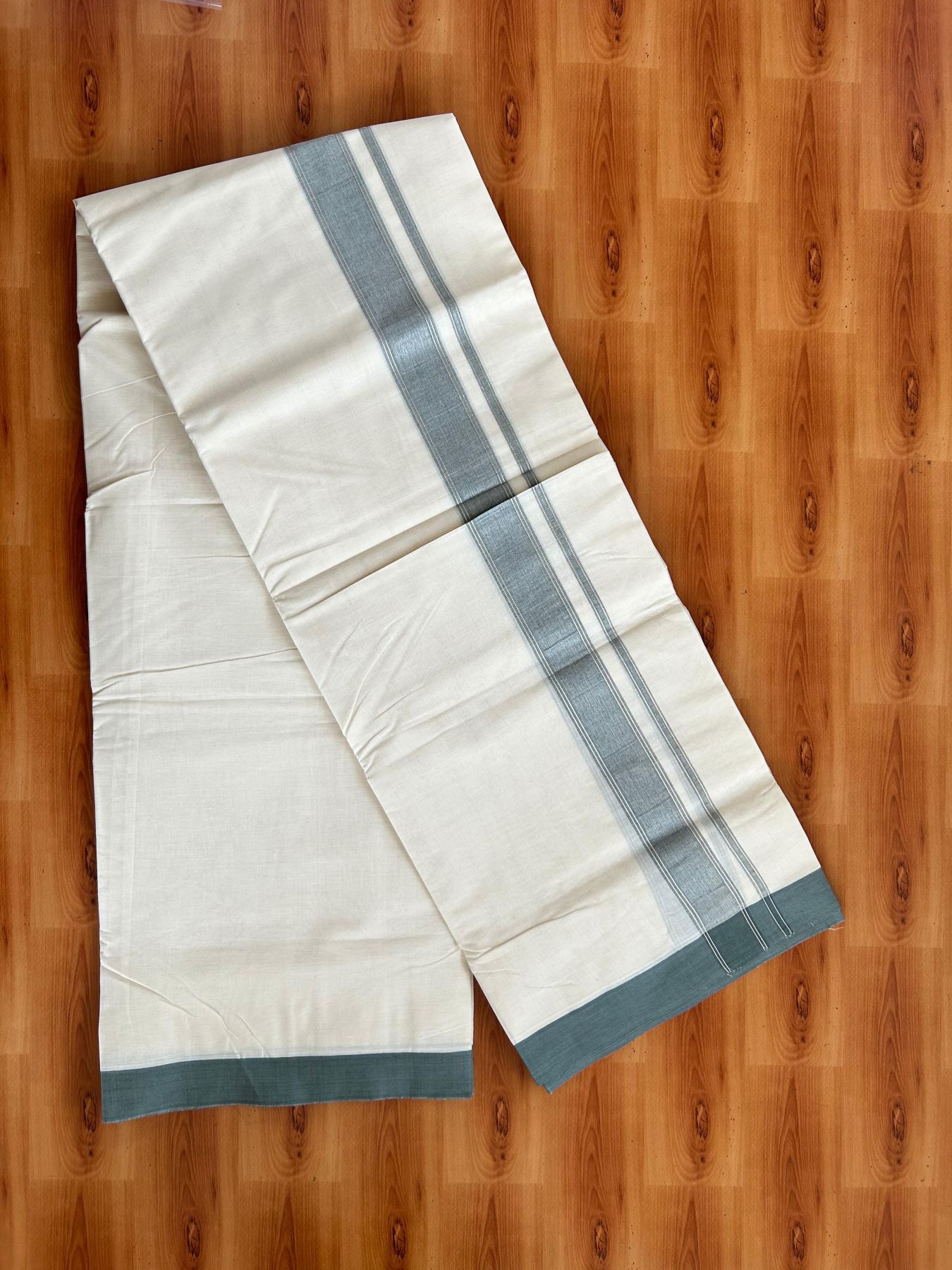 Double Off White (Unbleached) Mundu/Dhoti - 20% Discount! Kaitharikada Pure Cotton - 80x80 - 1.25 Inch Grey Green & Silver shaded Kara 4 mtr (8.5 muzham) - 20 KK5497 MRH