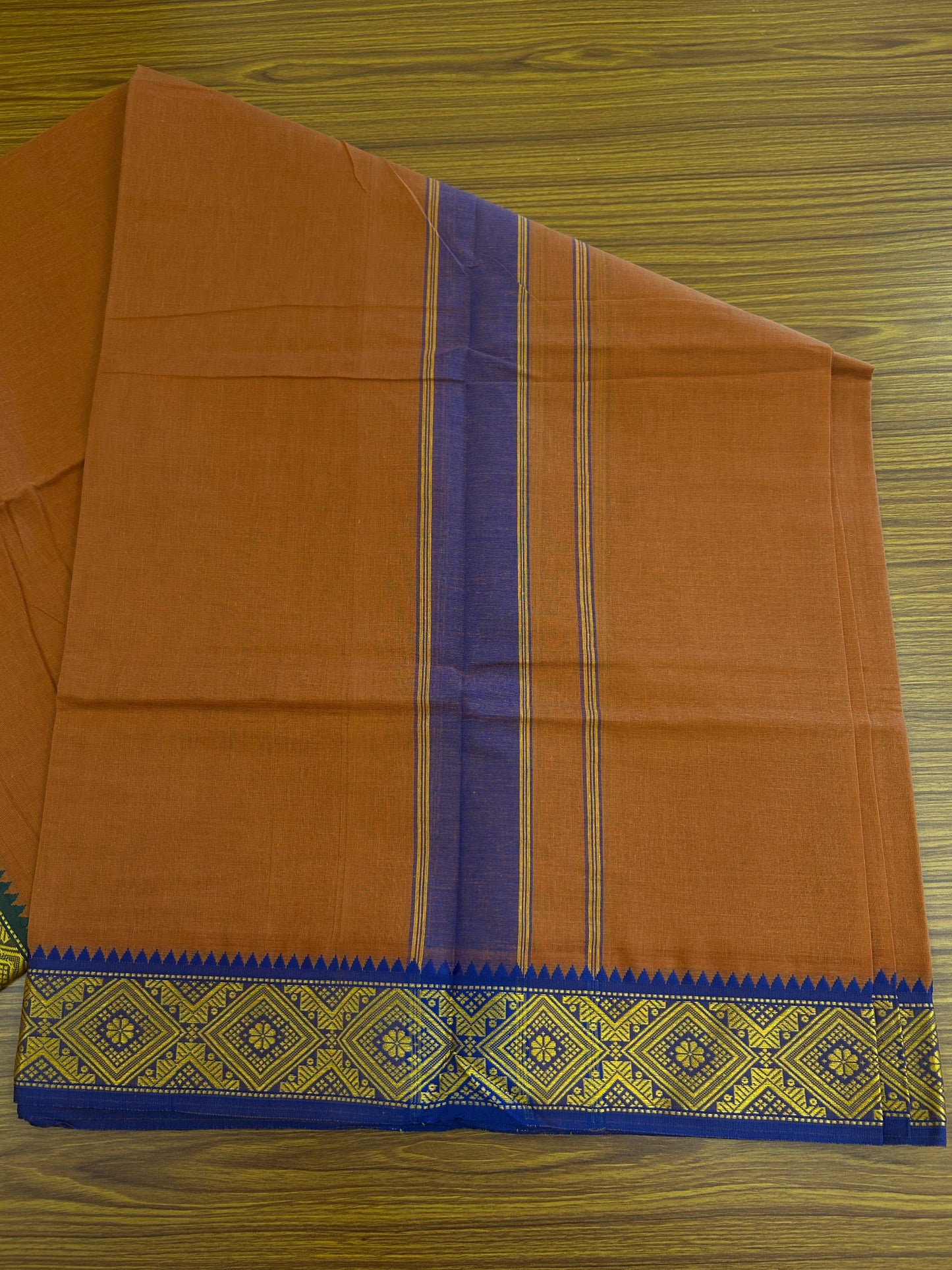 20% DISCOUNT! KaithariKada - Cotton Mix - 80x90 thread - 80 % Cotton & 20% Polyester- NORTH INDIAN - ATTACHED GAMCHA 9X5 Dhoti - 2.75 inch Blue & Yellow Kara with Kavi Colour body - Gold Kasavu Green & Blue Design Border - 109KK5227 PMC