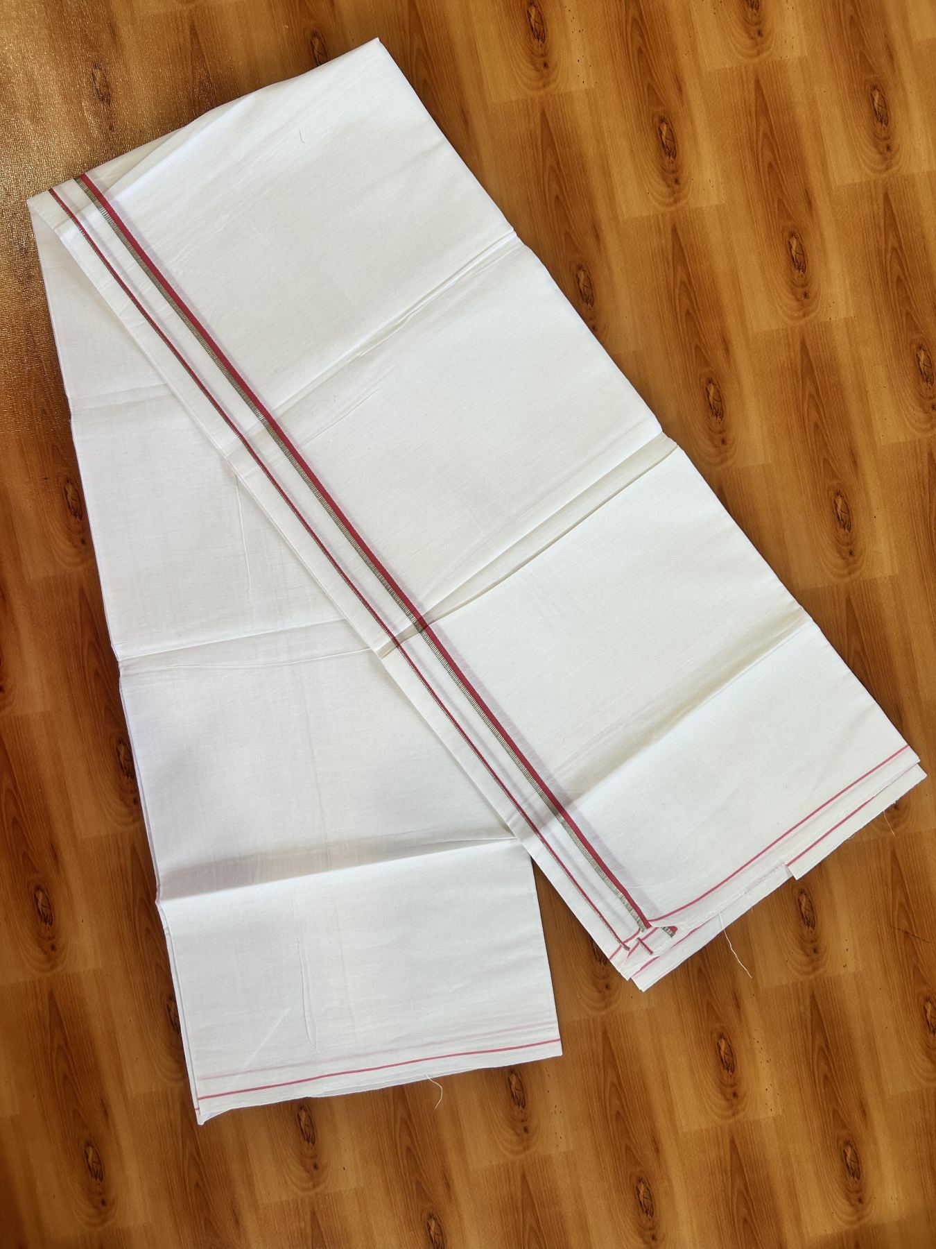 Single Pure White Mundu/Dhoti -KaithariKada Balaramapuram Pure Cotton - 70x30 - 0.3 cm Silver Kasav & Pink Kara 1.90 mtr (4 muzham) - 32 KK5418 PMC