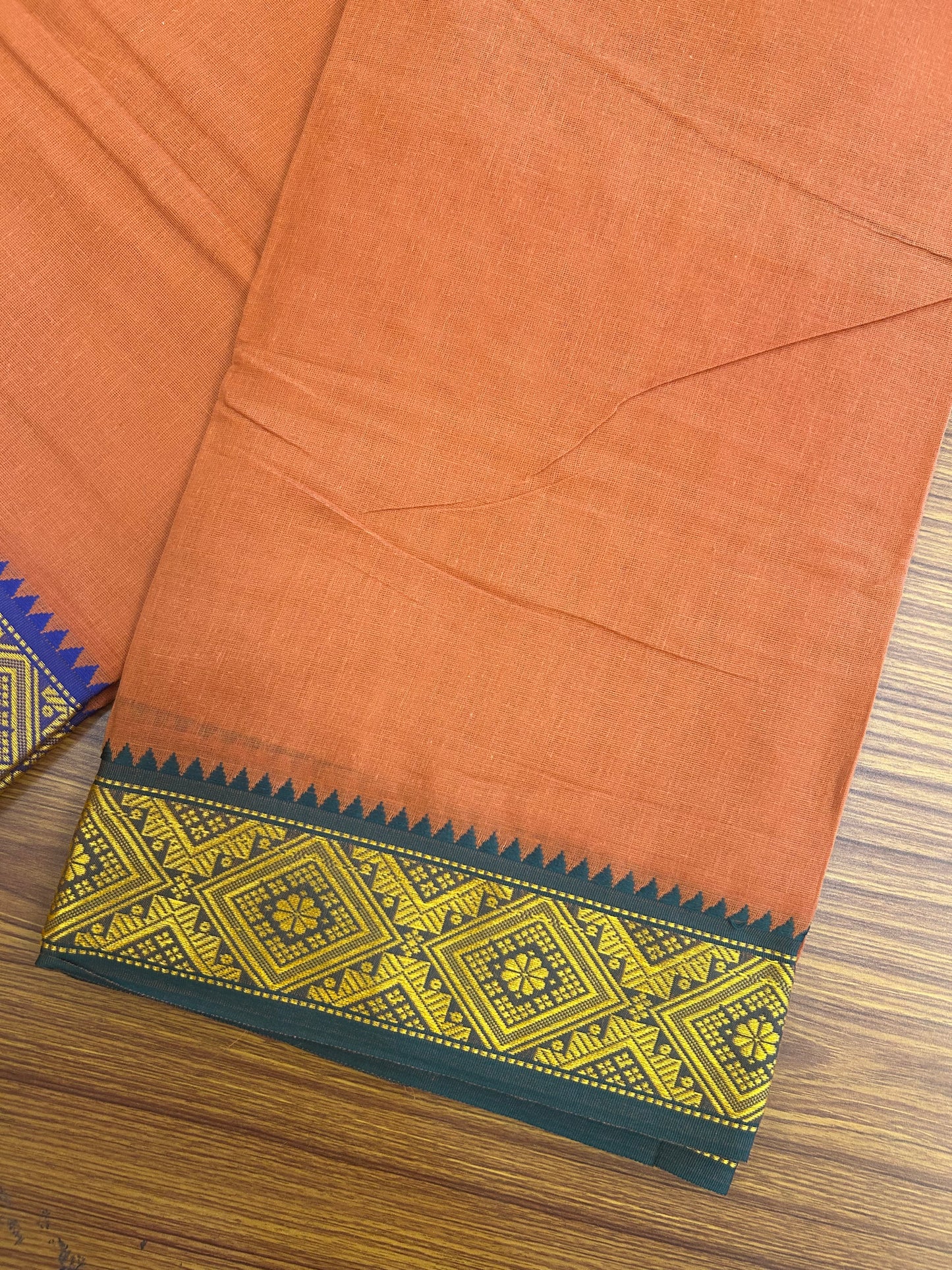 20% DISCOUNT! KaithariKada - Cotton Mix - 80x90 thread - 80 % Cotton & 20% Polyester- NORTH INDIAN - ATTACHED GAMCHA 9X5 Dhoti - 2.75 inch Blue & Yellow Kara with Kavi Colour body - Gold Kasavu Green & Blue Design Border - 109KK5227 PMC