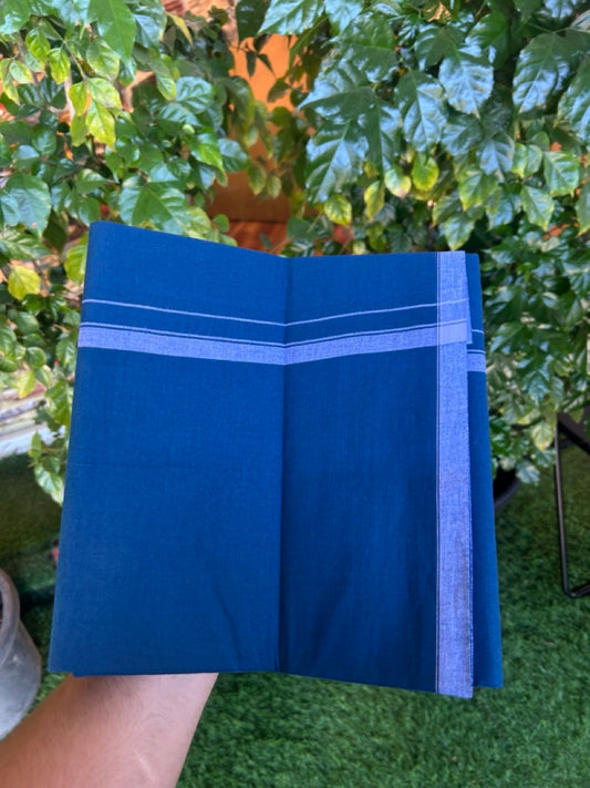 10% Discount ! Kaitharikada Pure Cotton - Kaily / Lungi - (40s) - 0.5 inch White Shaded Kara with Dark Blue colour body (2 meter / 4 muzham) - 7 KK8029 GAN