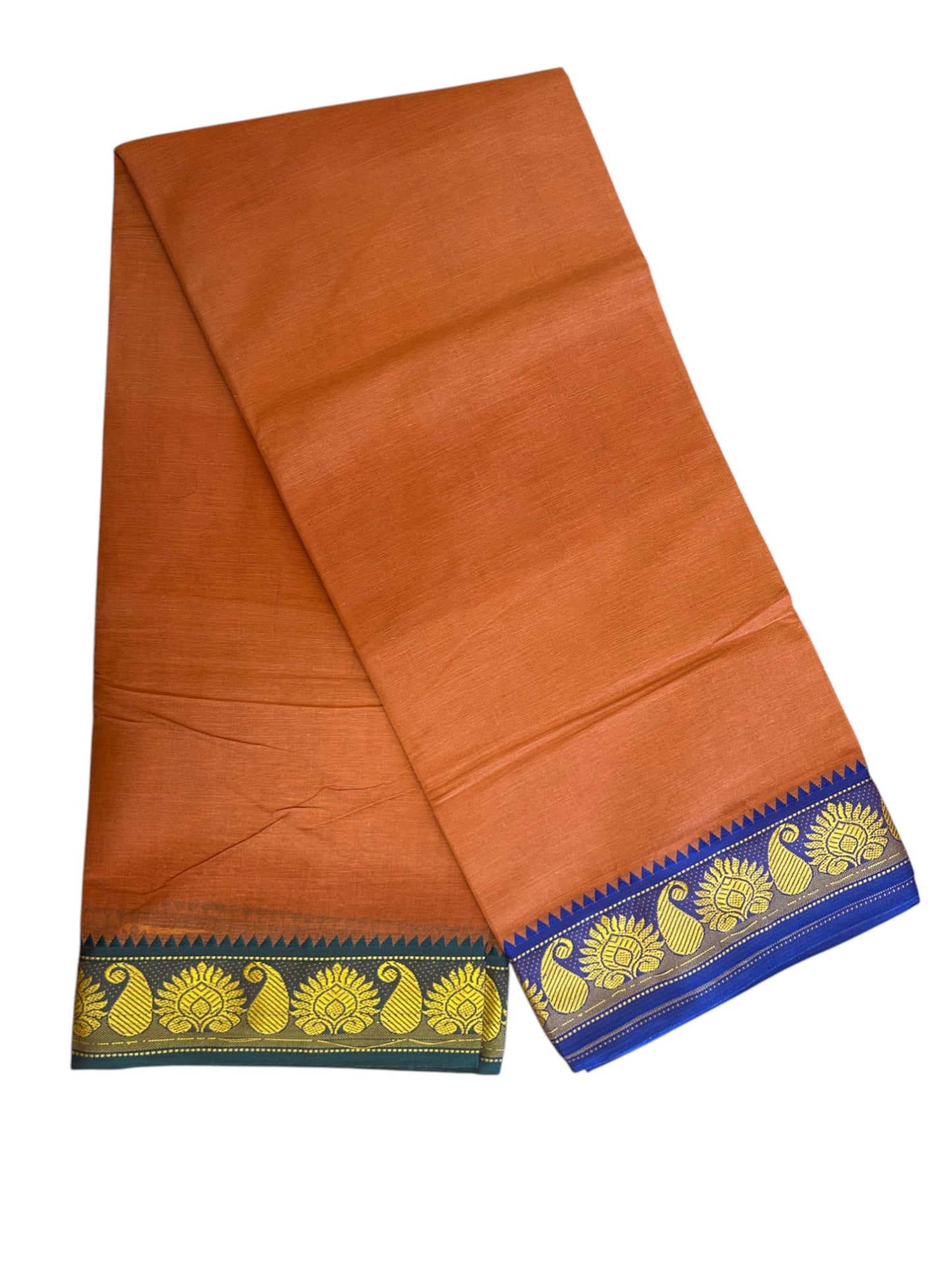 20% Discount! KaithariKada - Cotton Mix - 80x90 thread - 80 % Cotton & 20% Polyester- NORTH INDIAN - ATTACHED GAMCHA 9X5 Dhoti - 2.75 inch Blue & Yellow Kara with Kavi Colour body - Gold Kasavu Green & Blue Design Border - 110KK5227 PMC