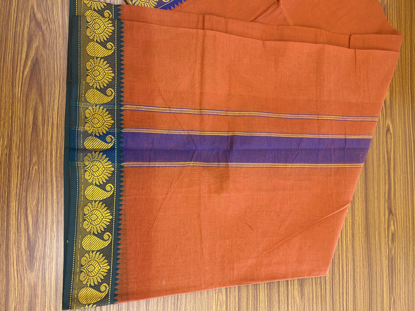 20% Discount! KaithariKada - Cotton Mix - 80x90 thread - 80 % Cotton & 20% Polyester- NORTH INDIAN - ATTACHED GAMCHA 9X5 Dhoti - 2.75 inch Blue & Yellow Kara with Kavi Colour body - Gold Kasavu Green & Blue Design Border - 110KK5227 PMC