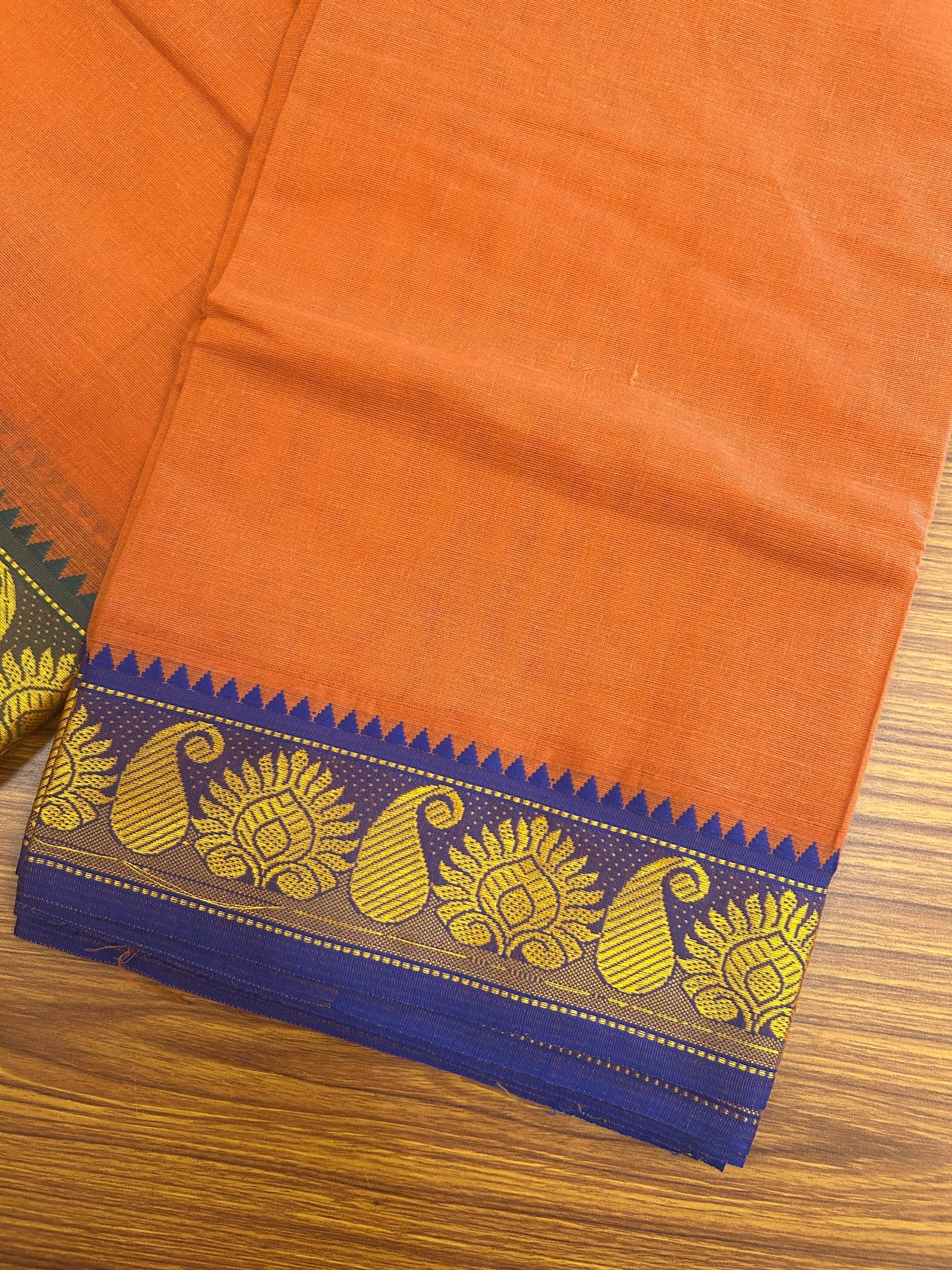 20% Discount! KaithariKada - Cotton Mix - 80x90 thread - 80 % Cotton & 20% Polyester- NORTH INDIAN - ATTACHED GAMCHA 9X5 Dhoti - 2.75 inch Blue & Yellow Kara with Kavi Colour body - Gold Kasavu Green & Blue Design Border - 110KK5227 PMC