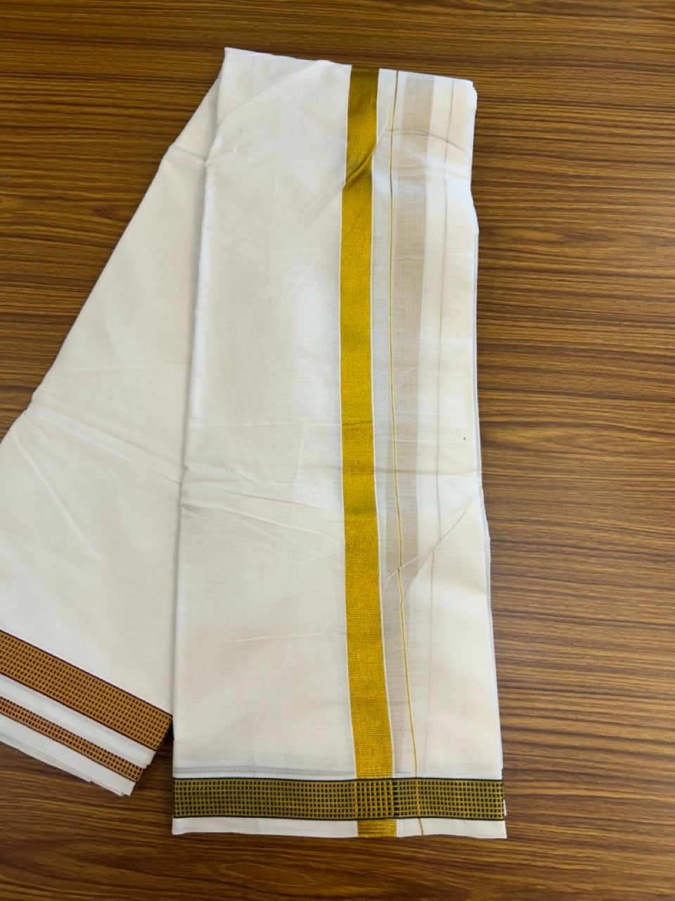 20% Discount! KaithariKada Cotton Mix Off White - (Unbleached) 80X90 thread - North Indian- Attached Gamcha - 10X6 Dhoti - 1 inch Gold Kasav kara with Maroon & Green Gold Kasav Design border - 18 KK8304 PMC