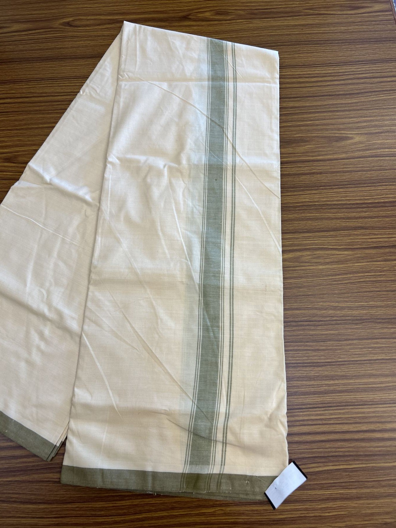 Kannur Kavi Dhoti - KaithariKada Balaramapuram Handloom Single Mundu/Dhoti - 100% Pure Cotton 2/80x2/80s Thread - Kannur Light Yellow colour Body 1.25 inch Olive Green Striped Kara - 44 KK8046 KAL