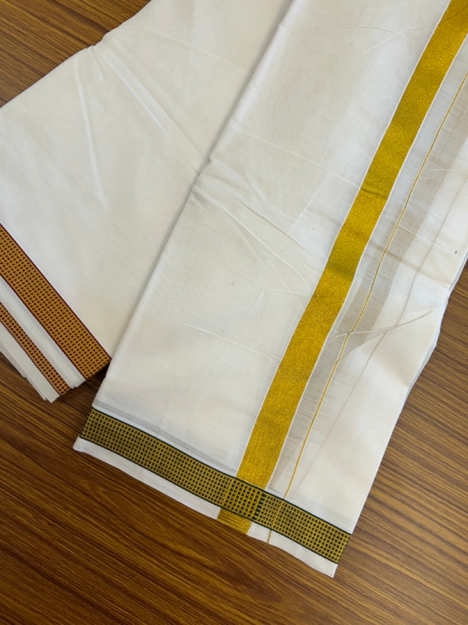 20% Discount! KaithariKada Cotton Mix Off White - (Unbleached) 80X90 thread - North Indian- Attached Gamcha - 10X6 Dhoti - 1 inch Gold Kasav kara with Maroon & Green Gold Kasav Design border - 18 KK8304 PMC