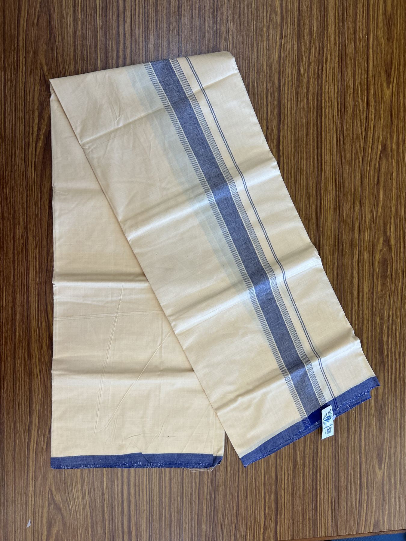 Kannur Kavi Dhoti - KaithariKada Balaramapuram Handloom Single Mundu/Dhoti - 100% Pure Cotton 2/80x2/80s Thread - Kannur Light Yellow colour Body 1.75 inch Blue Striped Kara - 36 KK8046 KAL