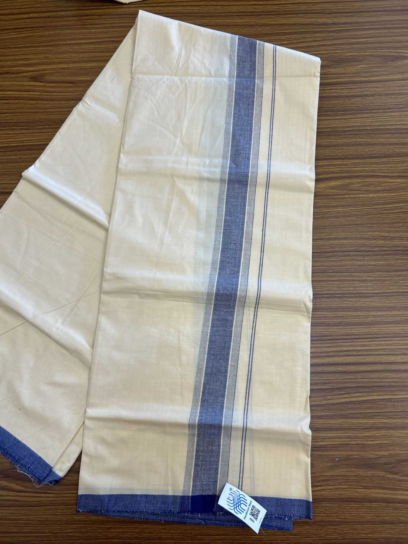 Kannur Kavi Dhoti - KaithariKada Balaramapuram Handloom Single Mundu/Dhoti - 100% Pure Cotton 2/80x2/80s Thread - Kannur Light Yellow colour Body 1.75 inch Blue Striped Kara - 36 KK8046 KAL