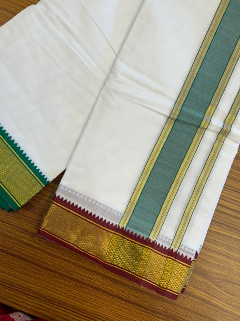 20% Discount! KaithariKada Cotton Mix Off White - (Unbleached) 80X90 thread - North Indian- Attached Gamcha - 10X6 Dhoti - 2.25 inch Light Green Gold Kasav kara with Maroon & Light Green Gold Kasav Design border - 12 KK8304 PMC