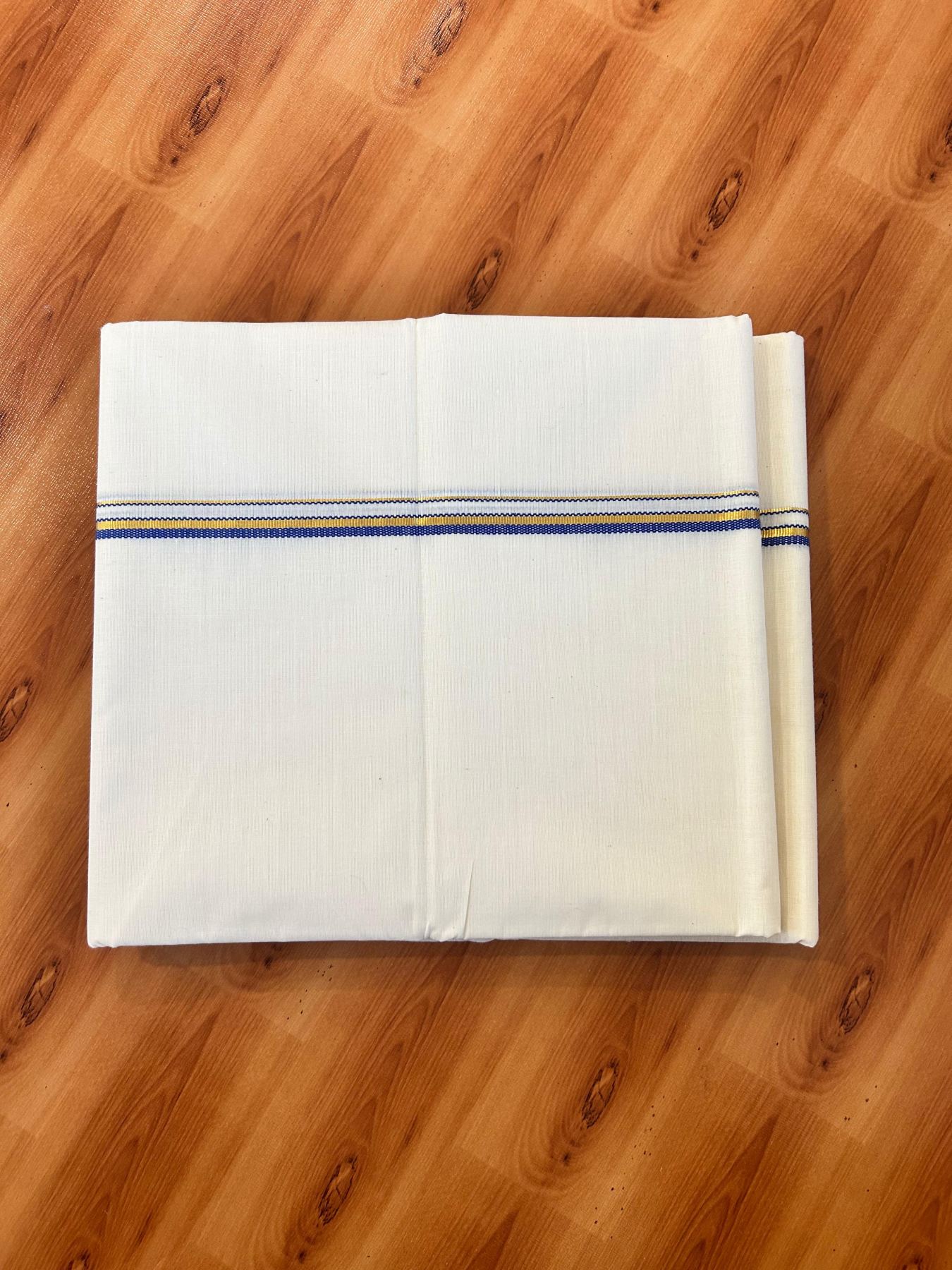 Double Off white (Unbleached) Mundu/Dhoti - 20% Discount! KaithariKada Pure Cotton  (80s) - 1 cm Gold Kasav Dark Blue Kara 4 mtr (8.5 muzham) - 20 KK5479 GAN