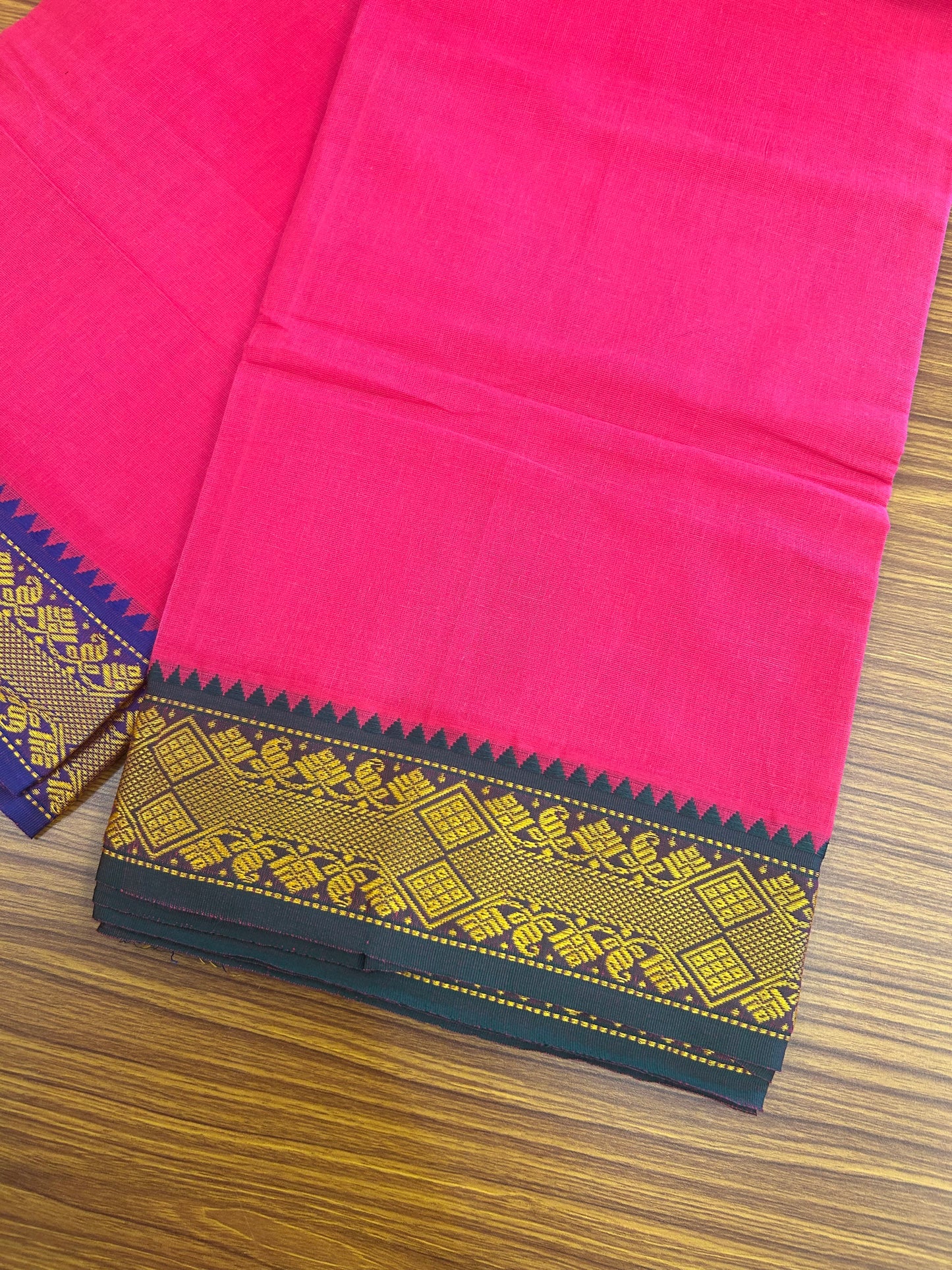 20% DISCOUNT! KaithariKada - Cotton Mix - 80x90 thread - 80 % Cotton & 20% Polyester- NORTH INDIAN - ATTACHED GAMCHA 9X5 Dhoti -3.5 inch Gold Kasavu Dark Green & Blue Design Border with Dark Magenta Colour body - 111KK5227 PMC