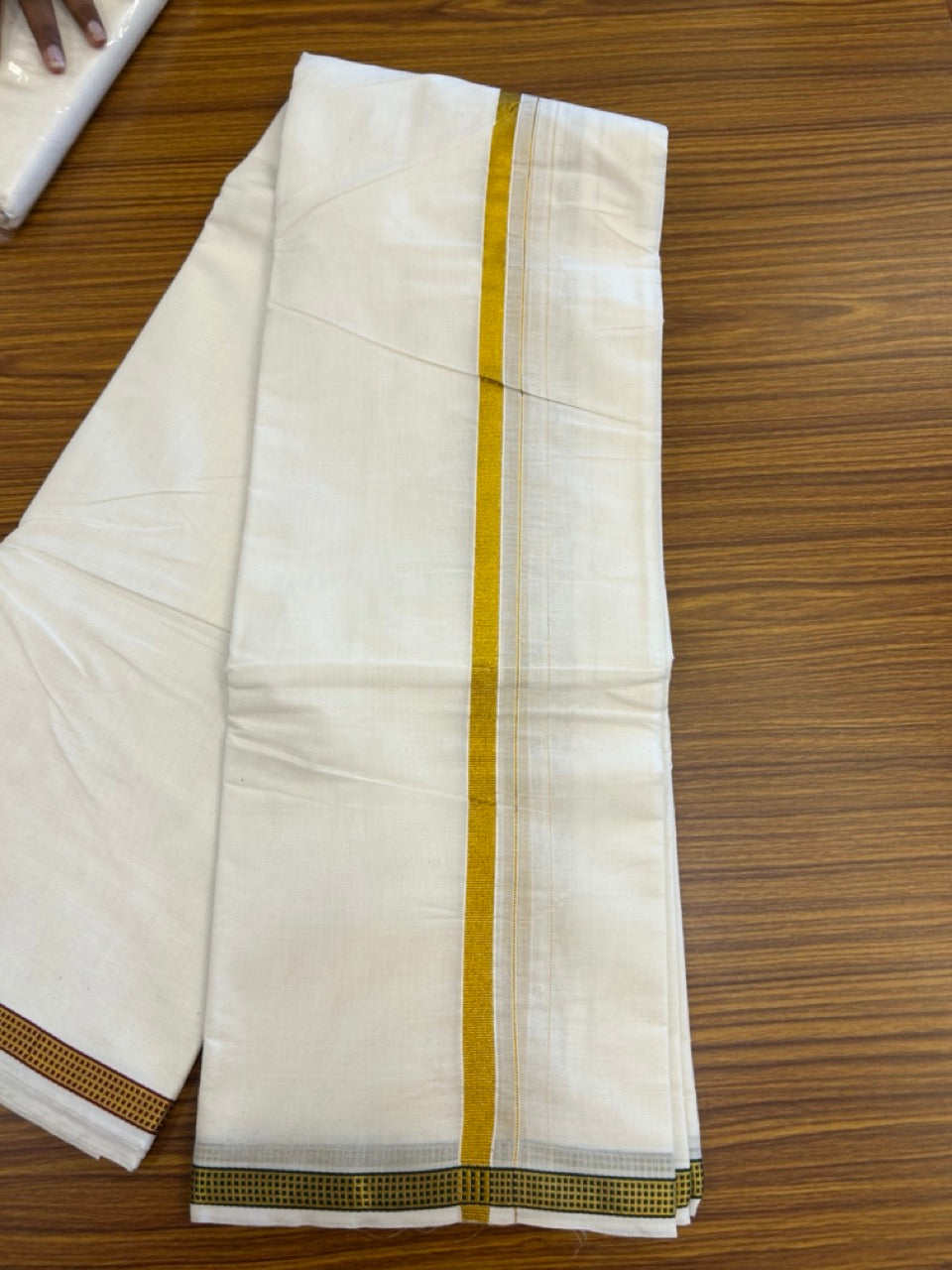 20% Discount! KaithariKada Cotton Mix Off White - (Unbleached) 80X90 thread - North Ii-ndian- Attached Gamcha - 10X6 Dhoti - 0.75 inch Gold Kasav kara with Maroon & Green Gold Kasav Design border - 17 KK8304 PMC