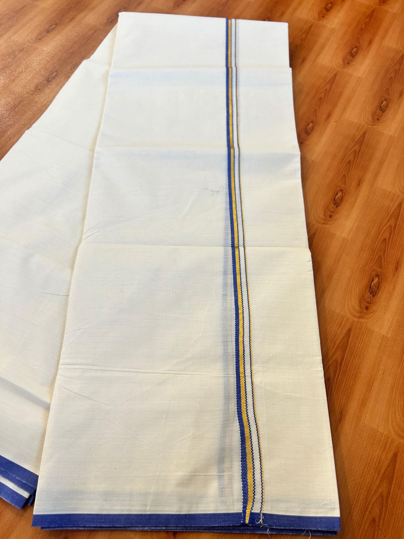 Double Off white (Unbleached) Mundu/Dhoti - 20% Discount! KaithariKada Pure Cotton  (80s) - 1 cm Gold Kasav Dark Blue Kara 4 mtr (8.5 muzham) - 20 KK5479 GAN