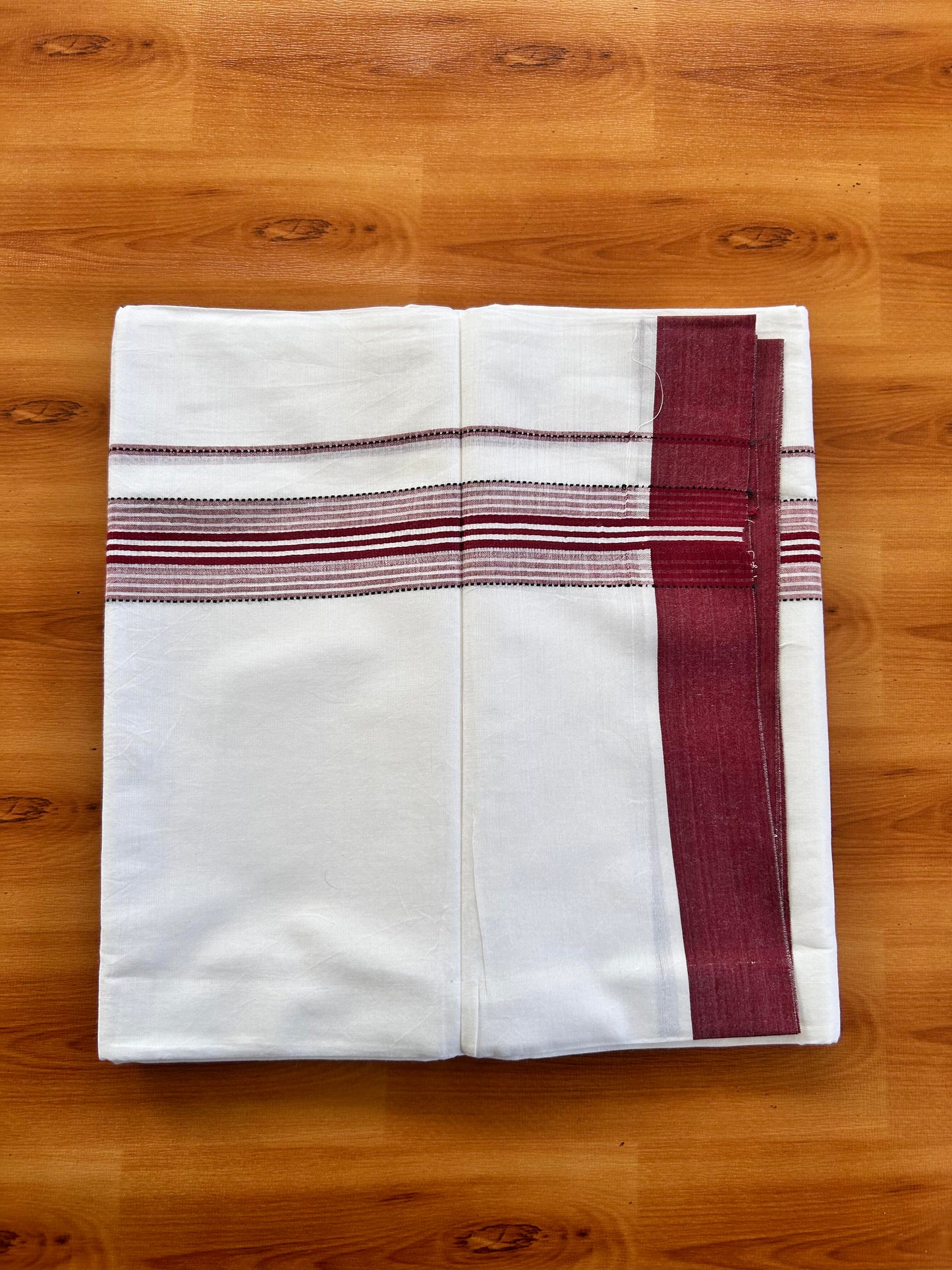Double Pure White Mundu/Dothi - 20% Discount ! Kaitharikada Balaramapuram 100% Cotton 100x80 - 1.5 Inch Black & Maroon Shaded Striped Kara 3.90 mtr (8 muzham) - 2 KK5437 VAS