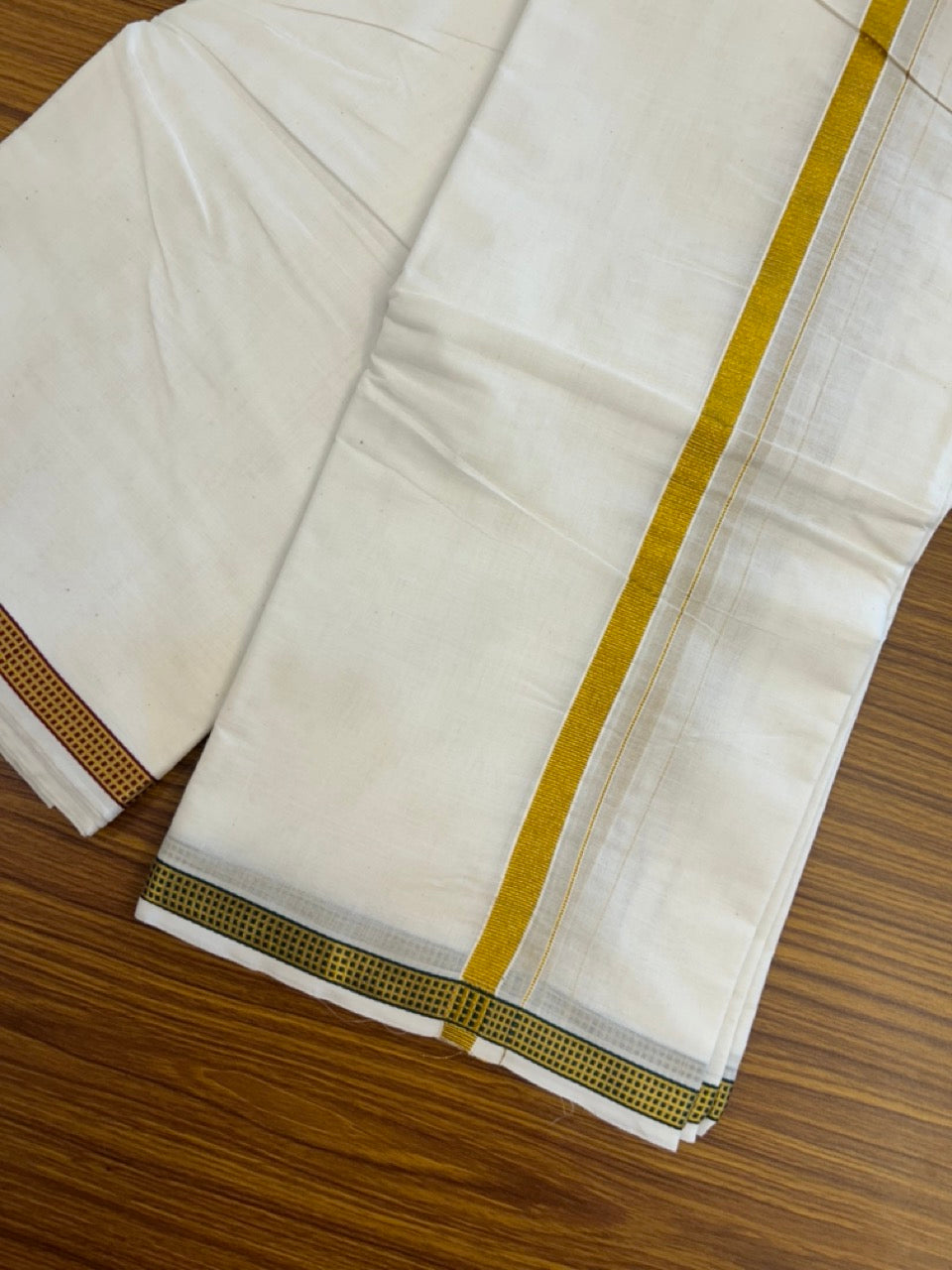 20% Discount! KaithariKada Cotton Mix Off White - (Unbleached) 80X90 thread - North Ii-ndian- Attached Gamcha - 10X6 Dhoti - 0.75 inch Gold Kasav kara with Maroon & Green Gold Kasav Design border - 17 KK8304 PMC