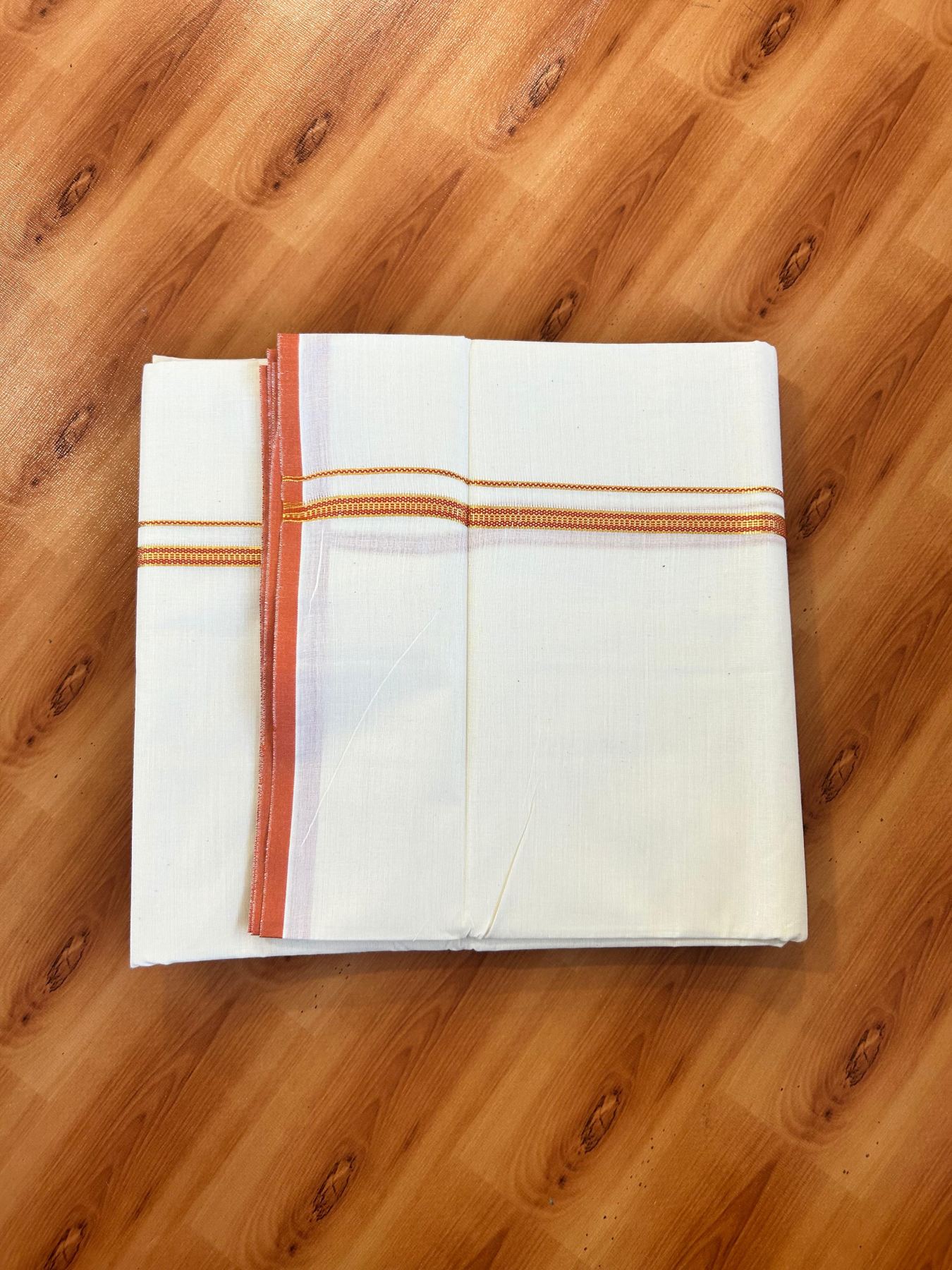 Double Off white (Unbleached) Mundu/Dhoti - 20% Discount! KaithariKada Pure Cotton  (80s) - 1 cm Gold Kasav Burnt Orange Kara 4 mtr (8.5 muzham) - 23 KK5479 GAN