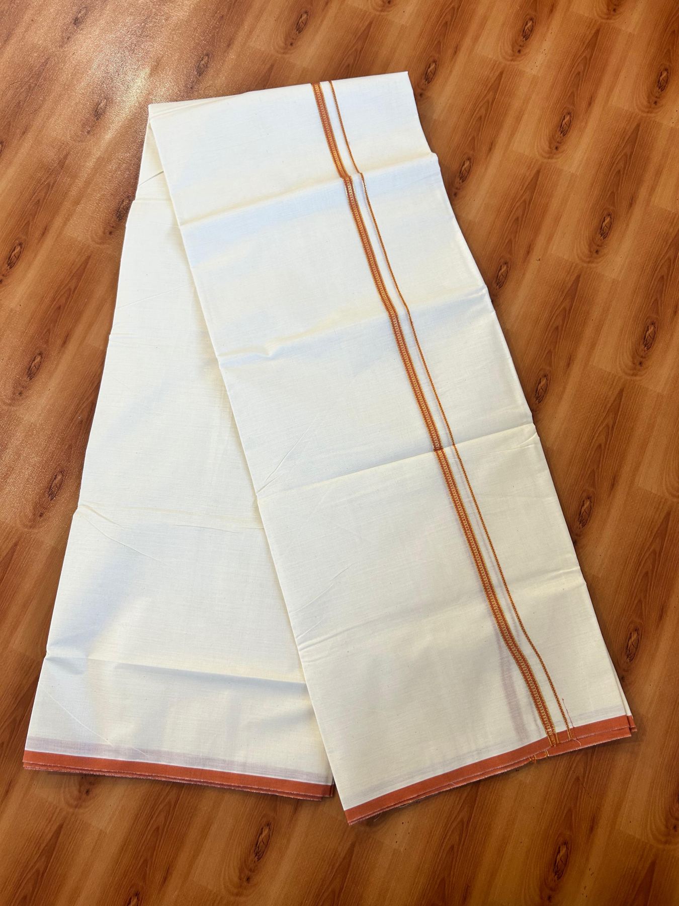 Double Off white (Unbleached) Mundu/Dhoti - 20% Discount! KaithariKada Pure Cotton  (80s) - 1 cm Gold Kasav Burnt Orange Kara 4 mtr (8.5 muzham) - 23 KK5479 GAN