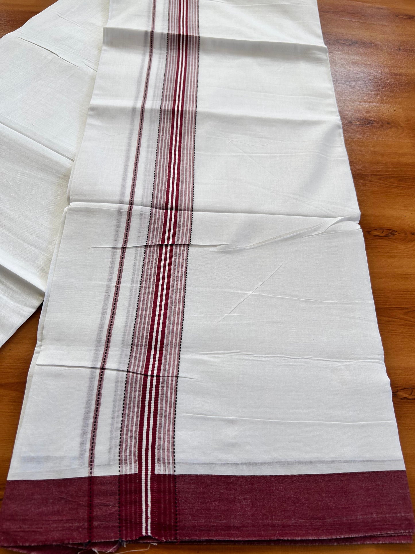 Double Pure White Mundu/Dothi - 20% Discount ! Kaitharikada Balaramapuram 100% Cotton 100x80 - 1.5 Inch Black & Maroon Shaded Striped Kara 3.90 mtr (8 muzham) - 2 KK5437 VAS