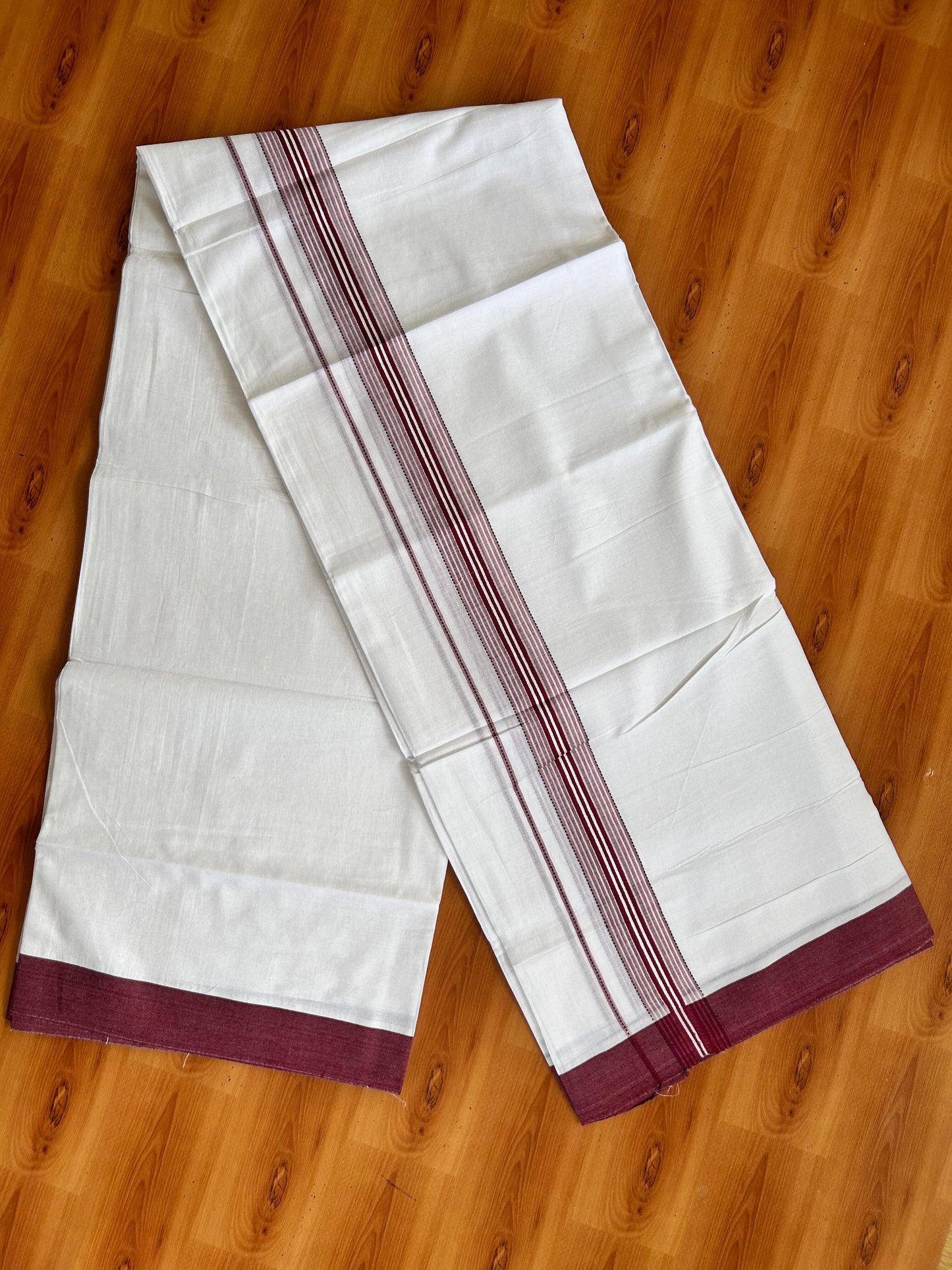 Double Pure White Mundu/Dothi - 20% Discount ! Kaitharikada Balaramapuram 100% Cotton 100x80 - 1.5 Inch Black & Maroon Shaded Striped Kara 3.90 mtr (8 muzham) - 2 KK5437 VAS