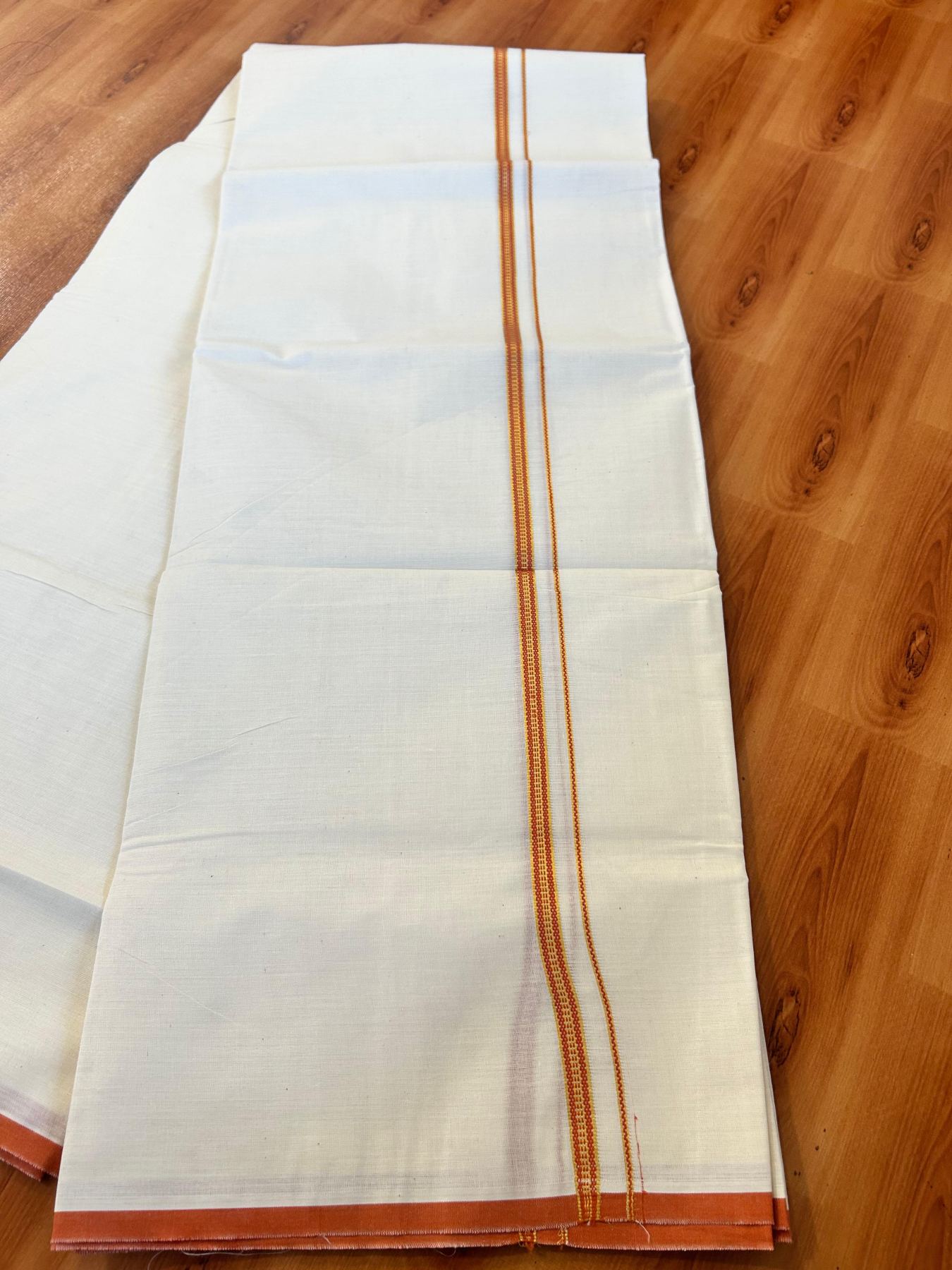 Double Off white (Unbleached) Mundu/Dhoti - 20% Discount! KaithariKada Pure Cotton  (80s) - 1 cm Gold Kasav Burnt Orange Kara 4 mtr (8.5 muzham) - 23 KK5479 GAN