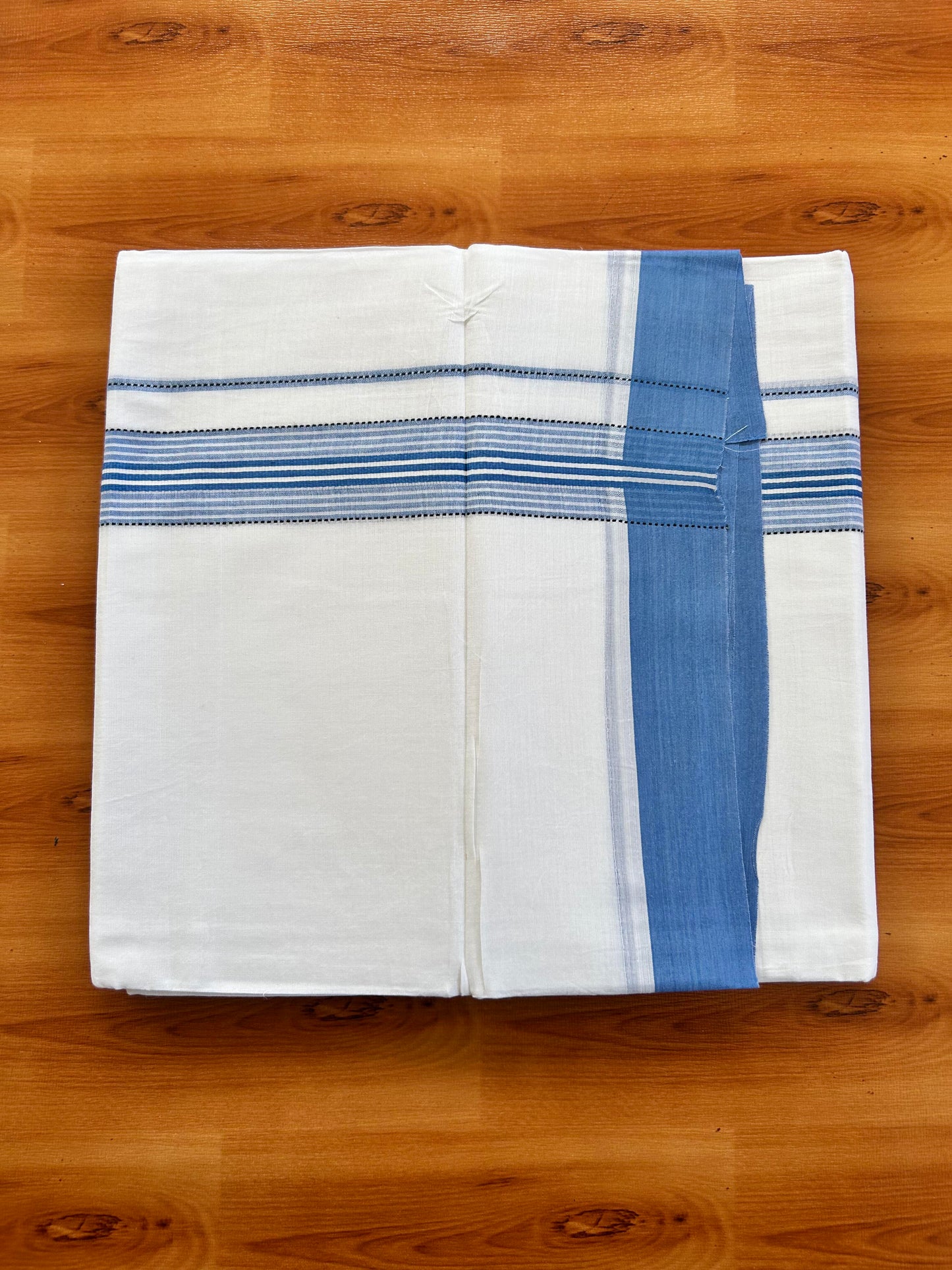 Double Pure White Mundu/Dothi - 20% Discount ! Kaitharikada Balaramapuram 100% Cotton 100x80 - 1.5 Inch Black & Blue Shaded Striped Kara 3.90 mtr (8 muzham) - 1 KK5437 VAS