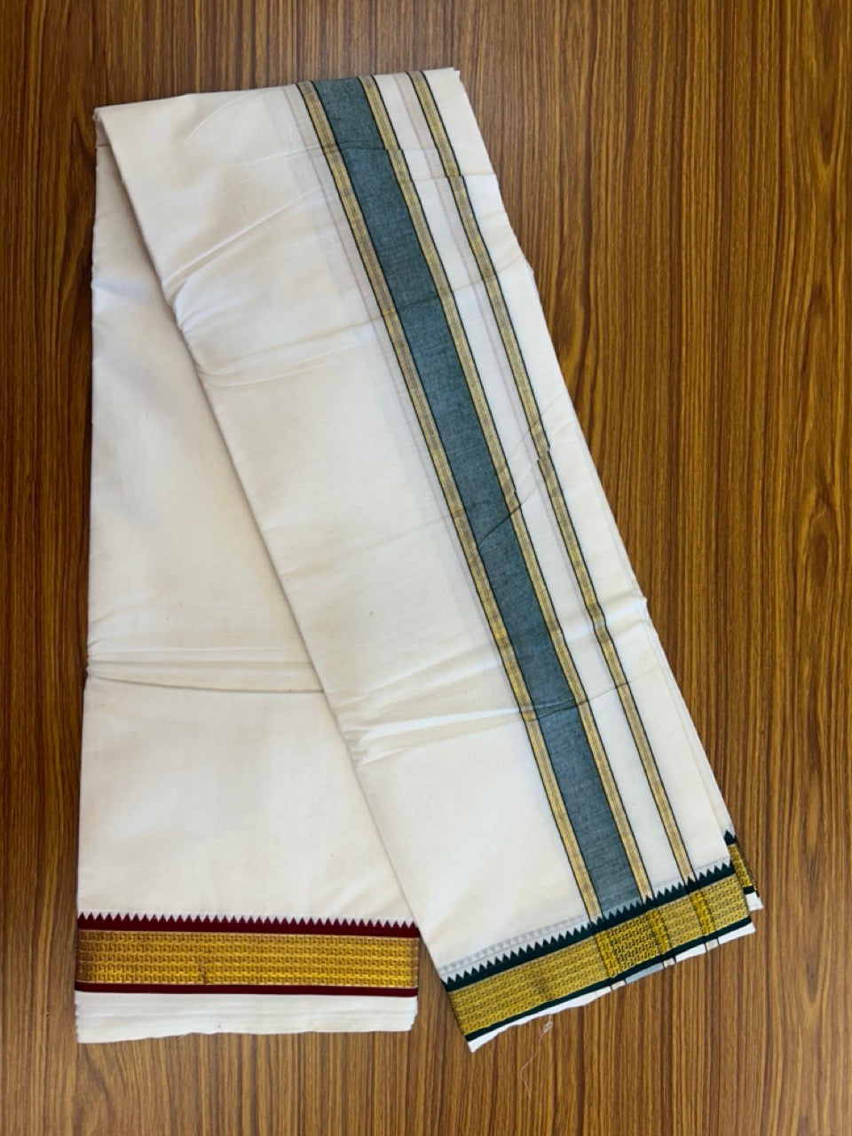 20% Discount! KaithariKada Cotton Mix Off White - (Unbleached) 80X90 thread - North Indian- Attached Gamcha - 10X6 Dhoti - 1.25 inch Green Gold Kasav kara with Dark Maroon & Green Gold Kasav Design border - 11 KK8304 PMC