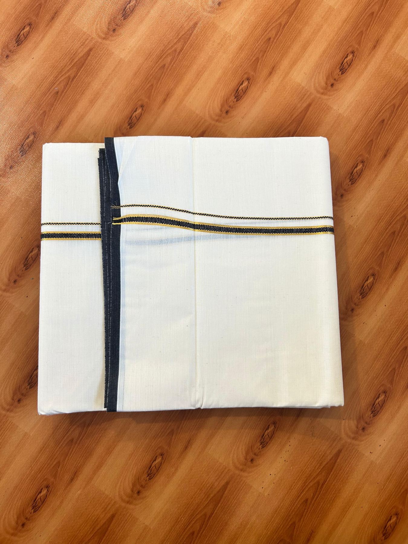 Double Off white (Unbleached) Mundu/Dhoti - 20% Discount! KaithariKada Pure Cotton  (80s) - 1 cm Gold Kasav Black Kara 4 mtr (8.5 muzham) - 2 KK5479 GAN