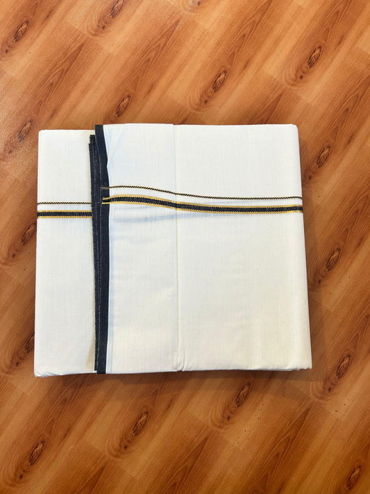 Double Off white (Unbleached) Mundu/Dhoti - 20% Discount! KaithariKada Pure Cotton  (80s) - 1 cm Gold Kasav Black Kara 4 mtr (8.5 muzham) - 2 KK5479 GAN