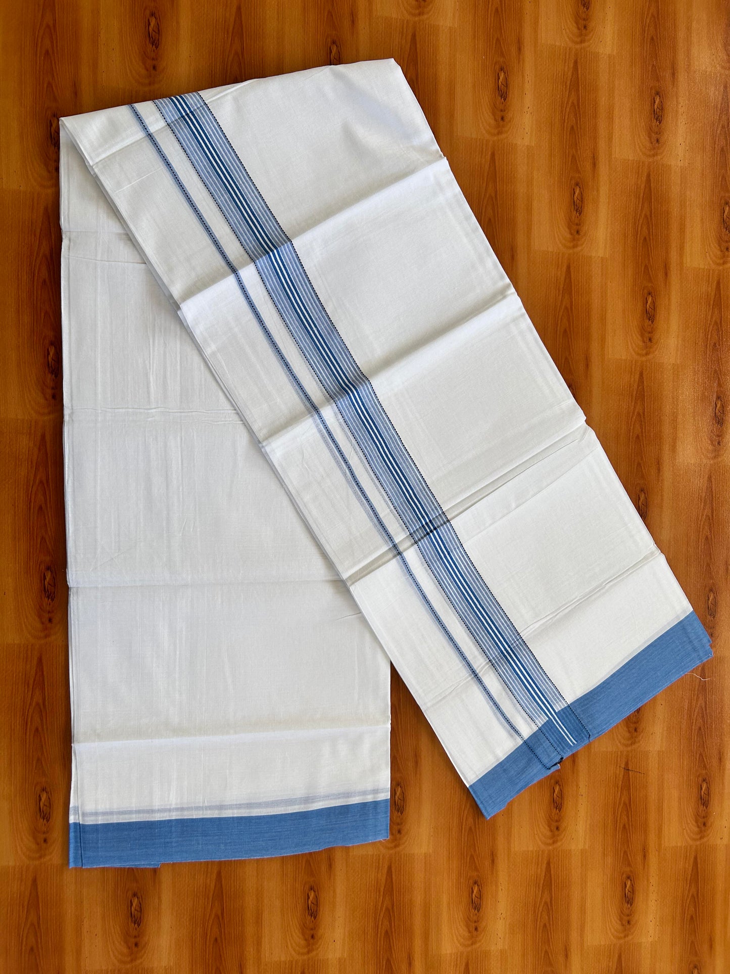 Double Pure White Mundu/Dothi - 20% Discount ! Kaitharikada Balaramapuram 100% Cotton 100x80 - 1.5 Inch Black & Blue Shaded Striped Kara 3.90 mtr (8 muzham) - 1 KK5437 VAS
