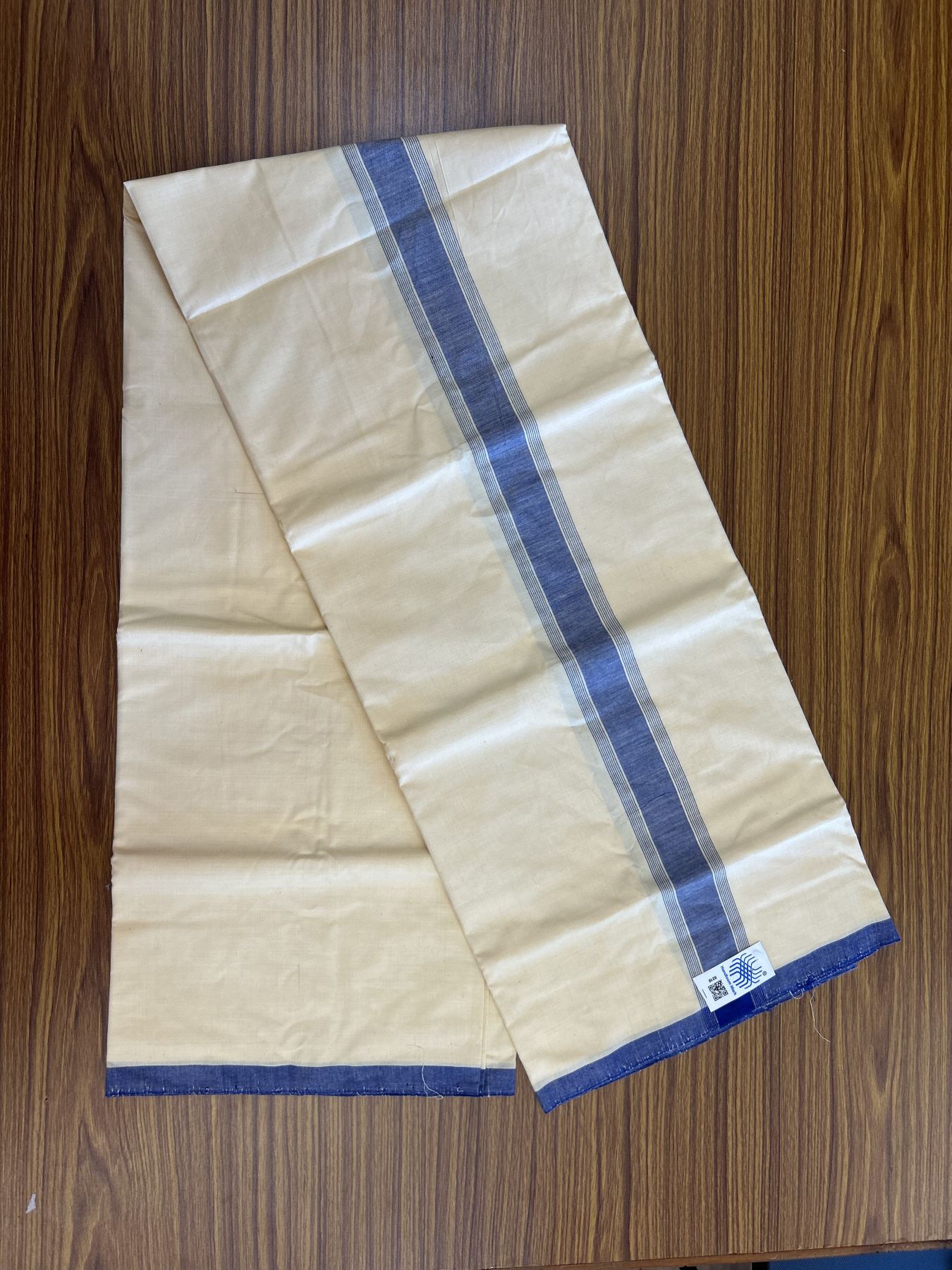 Kannur Kavi Dhoti - KaithariKada Balaramapuram Handloom Single Mundu/Dhoti - 100% Pure Cotton 2/80x2/80s Thread - Kannur Light Yellow colour Body 1.75 inch Blue Striped Kara - 37 KK8046 KAL