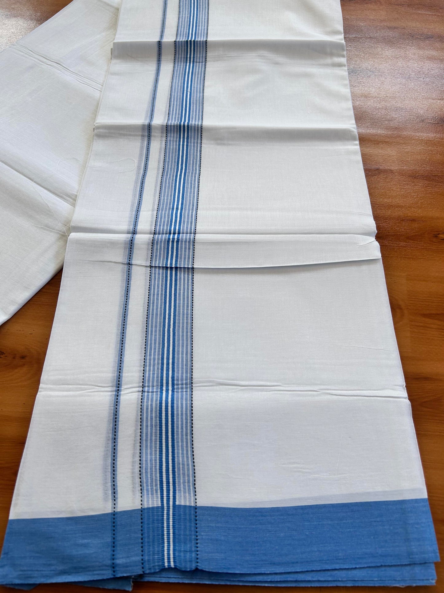 Double Pure White Mundu/Dothi - 20% Discount ! Kaitharikada Balaramapuram 100% Cotton 100x80 - 1.5 Inch Black & Blue Shaded Striped Kara 3.90 mtr (8 muzham) - 1 KK5437 VAS