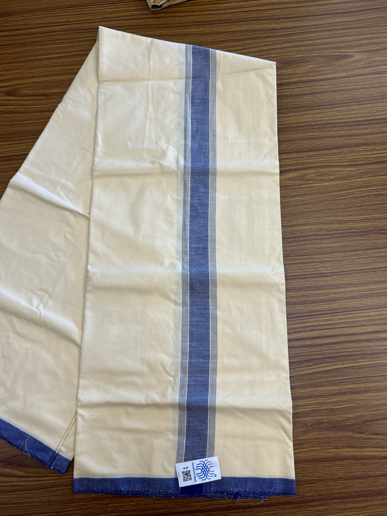 Kannur Kavi Dhoti - KaithariKada Balaramapuram Handloom Single Mundu/Dhoti - 100% Pure Cotton 2/80x2/80s Thread - Kannur Light Yellow colour Body 1.75 inch Blue Striped Kara - 37 KK8046 KAL