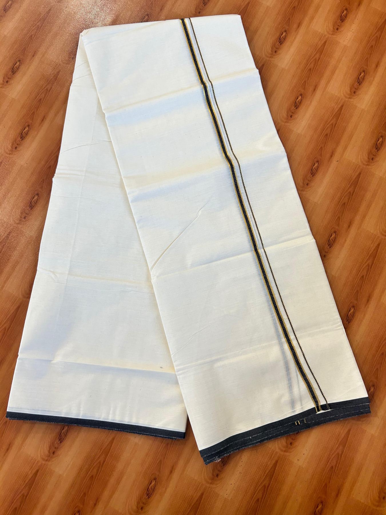 Double Off white (Unbleached) Mundu/Dhoti - 20% Discount! KaithariKada Pure Cotton  (80s) - 1 cm Gold Kasav Black Kara 4 mtr (8.5 muzham) - 2 KK5479 GAN