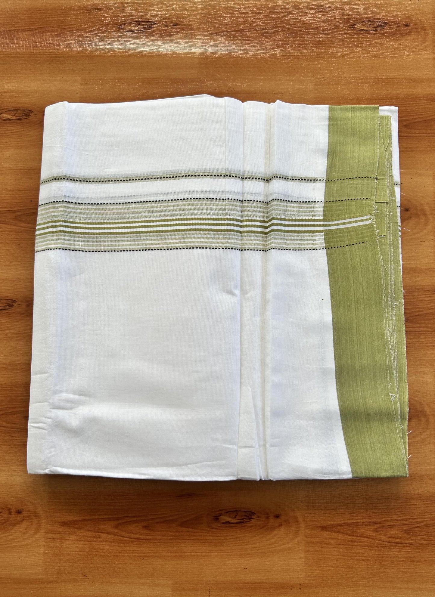 Double Pure White Mundu/Dothi - 20% Discount ! Kaitharikada Balaramapuram 100% Cotton 100x80 - 1.25 Inch Parrot Green Shaded Striped Kara 3.90 mtr (8 muzham) - 6 KK5437 VAS